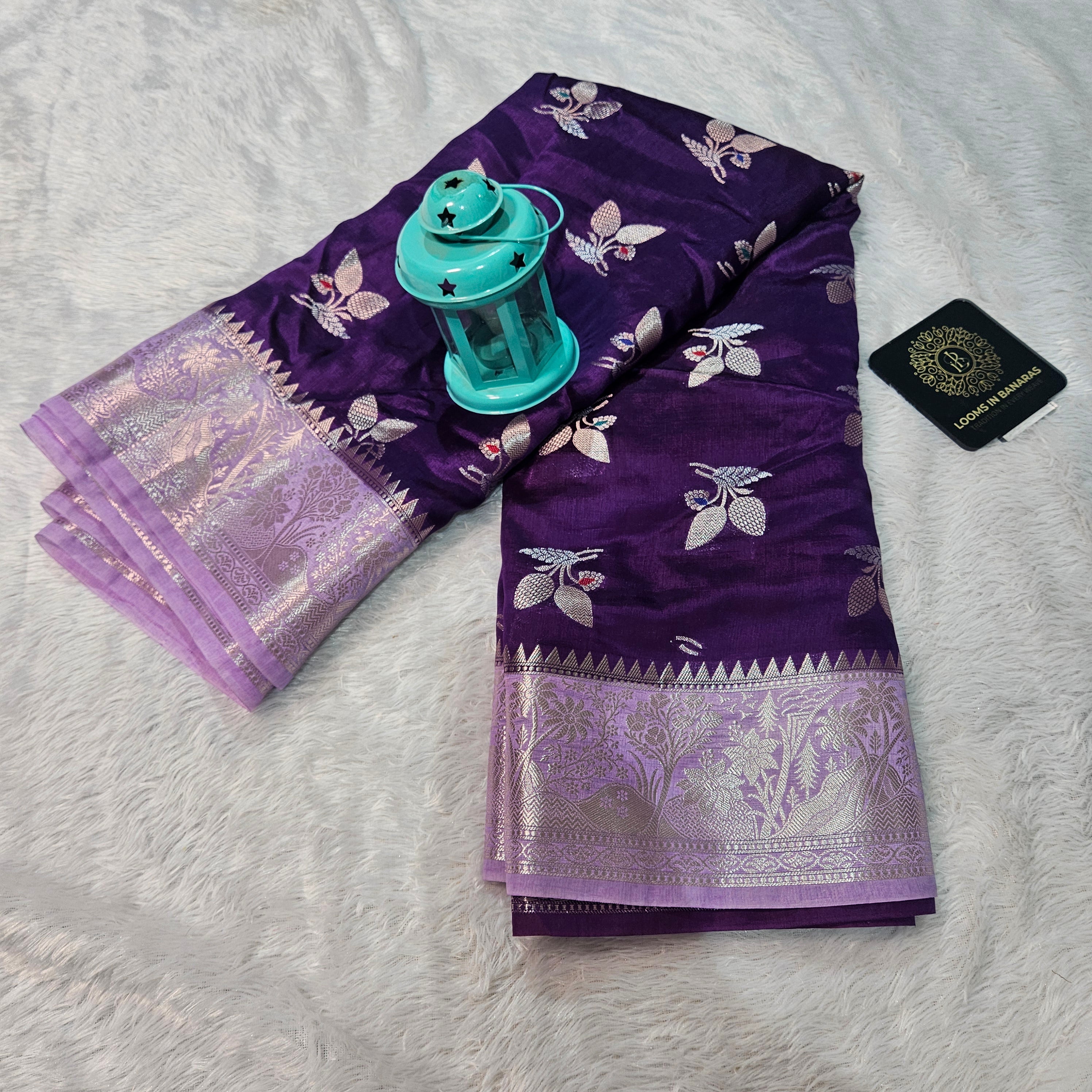 Purple and Lavender Contrast Banarasi Viscose Silk Saree Mina Buta with Zari Border