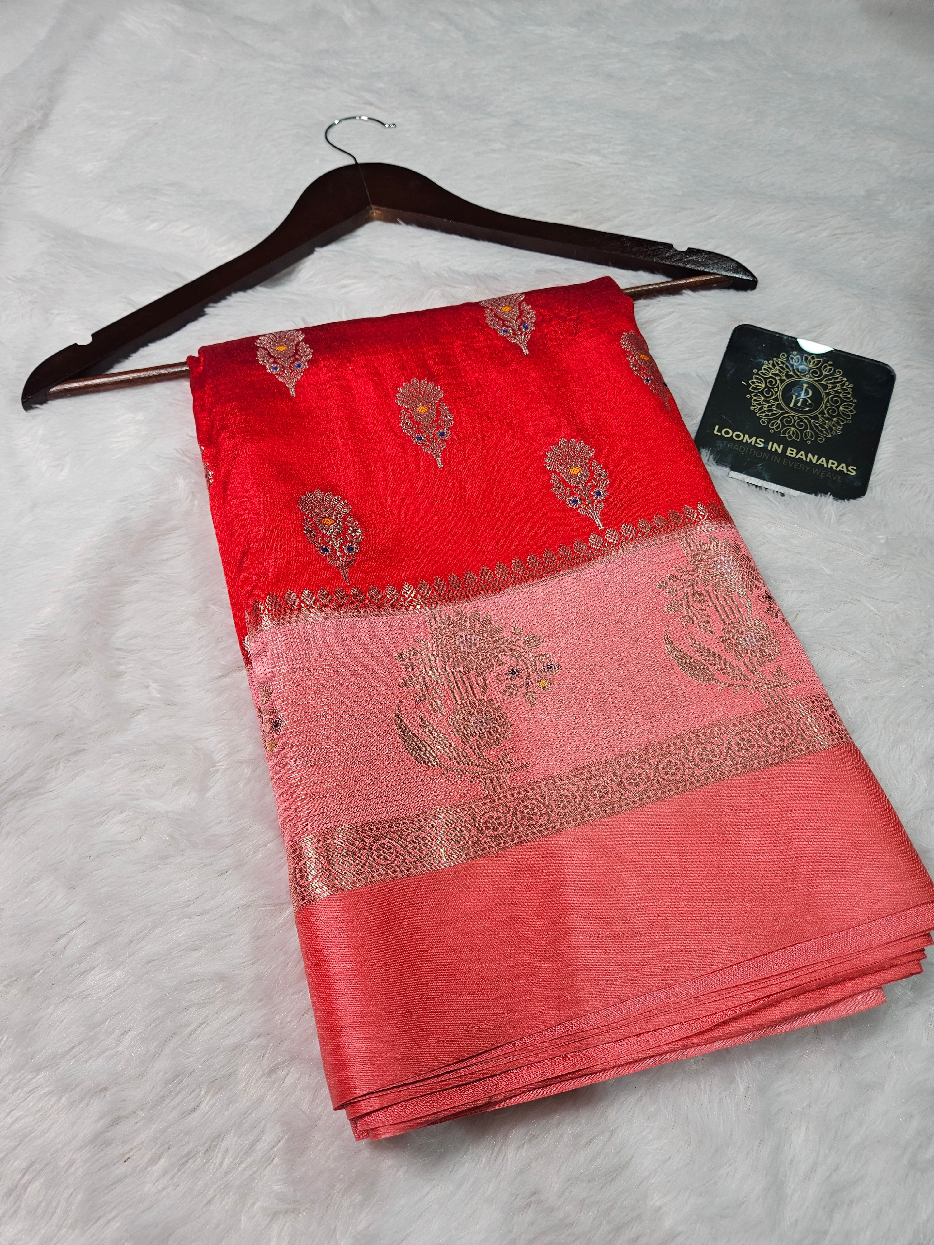 Banarasi Red and Pink contrast Raw Mango Silk Fancy Border Booti Saree