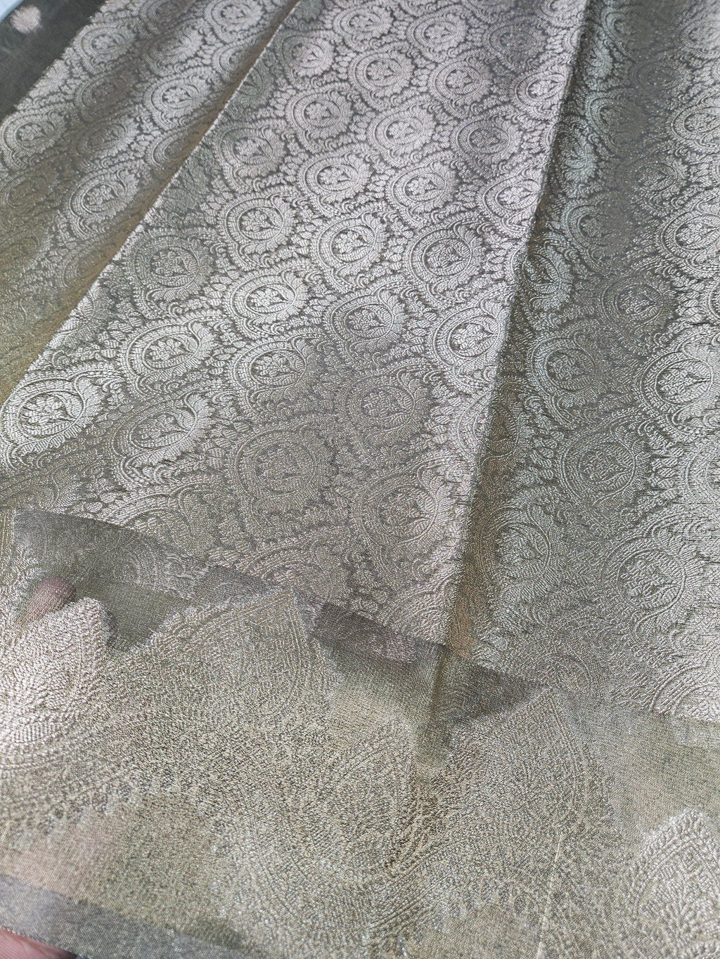 Golden Olive Banarasi Tissue Zari Buti Design Saree