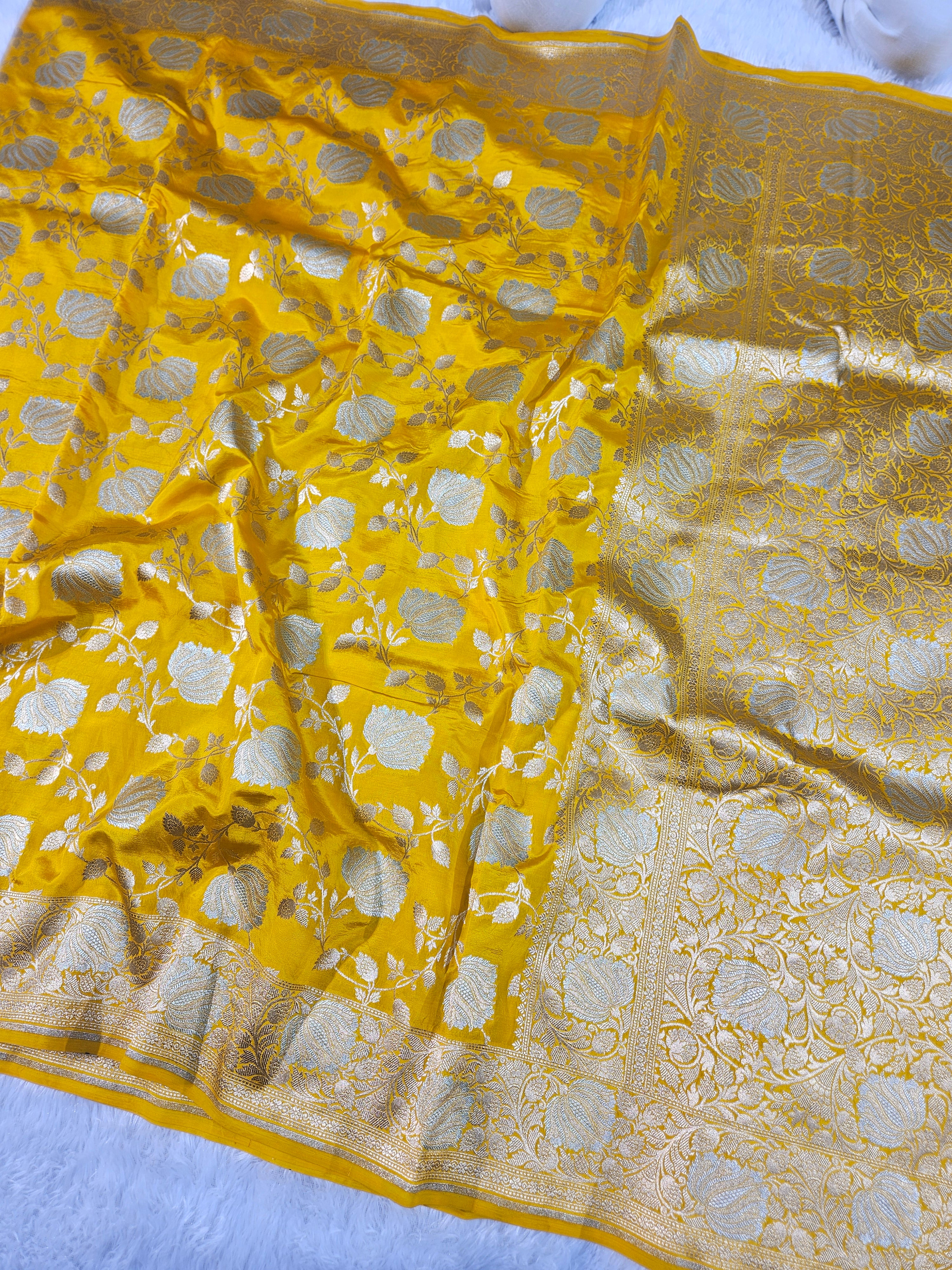 Yellow Gold Malai Katan Silk Alfi Rupa Sona Jangla Saree