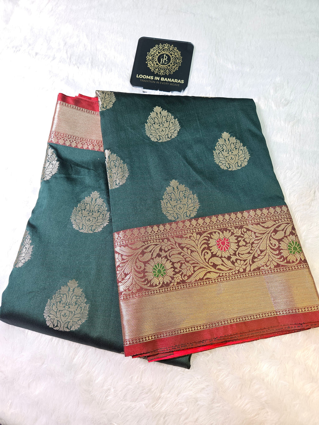 Bottle Green and Red Contrast Banarasi Silk Buta Zari Border Saree