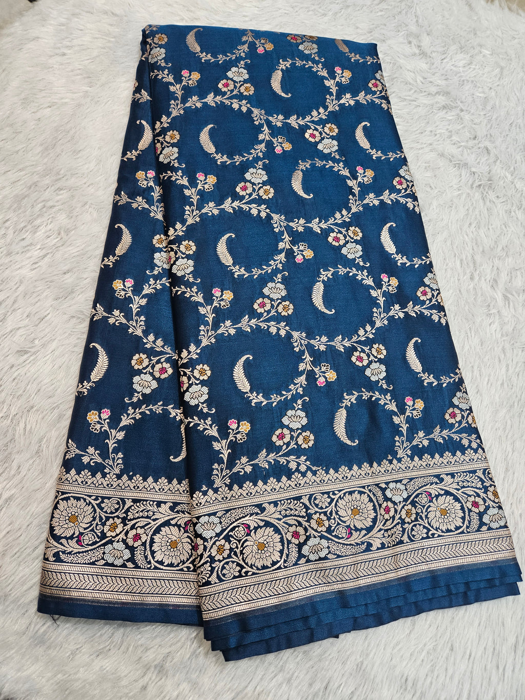 German Blue Mashru Silk Banarasi Border Tilfi Jangla Saree