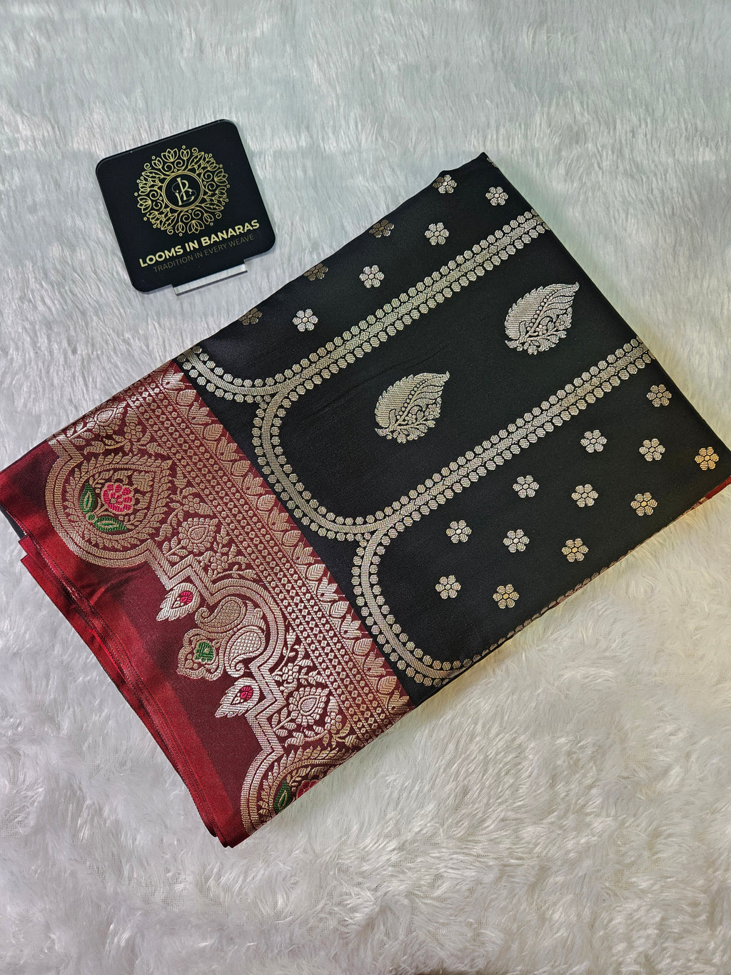 Black and Red Contrast Banarasi Silk Jaal Zari Border Saree