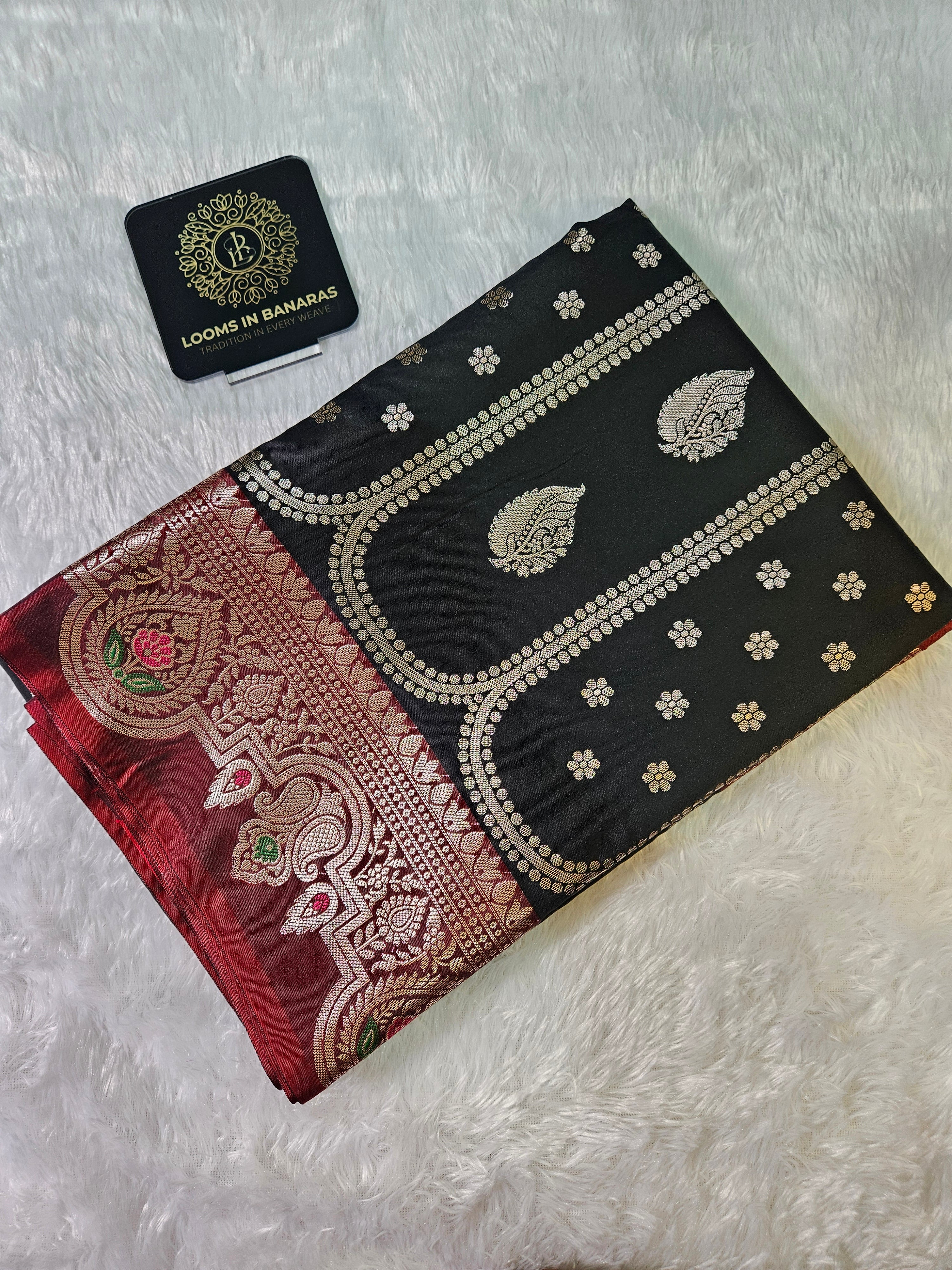 Black and Red Contrast Banarasi Silk Jaal Zari Border Saree