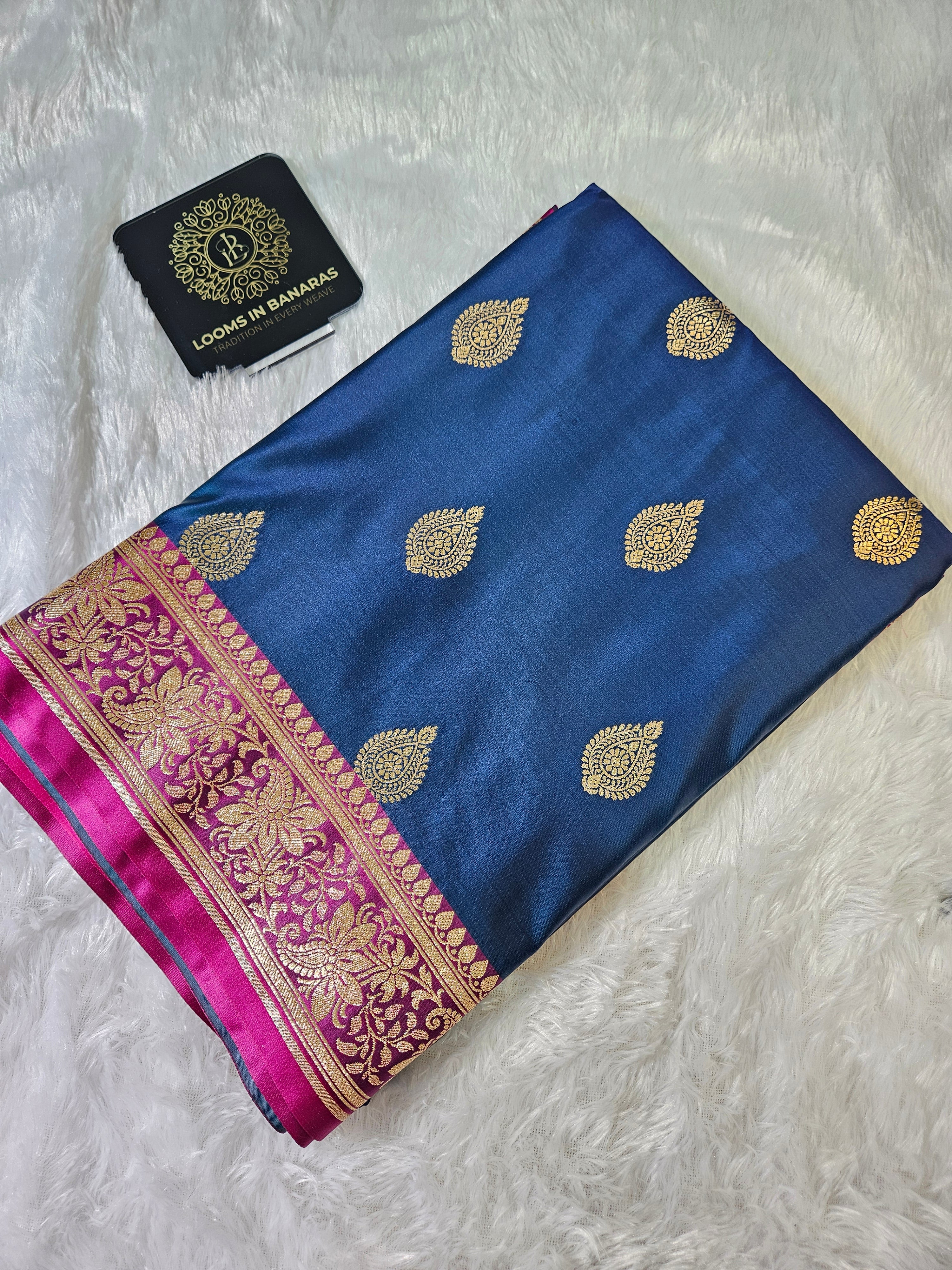 Banarasi Blue and Rani Contrast Mashru Silk Banarasi Border Booti Saree