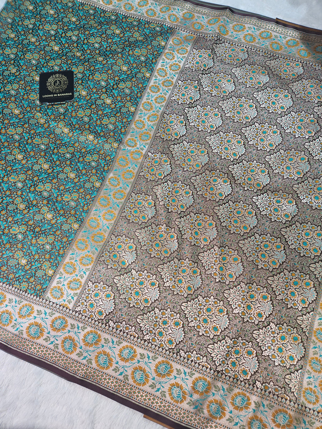 Brown Banarasi Jamewar Satin Silk Saree with Green Multi Mina.