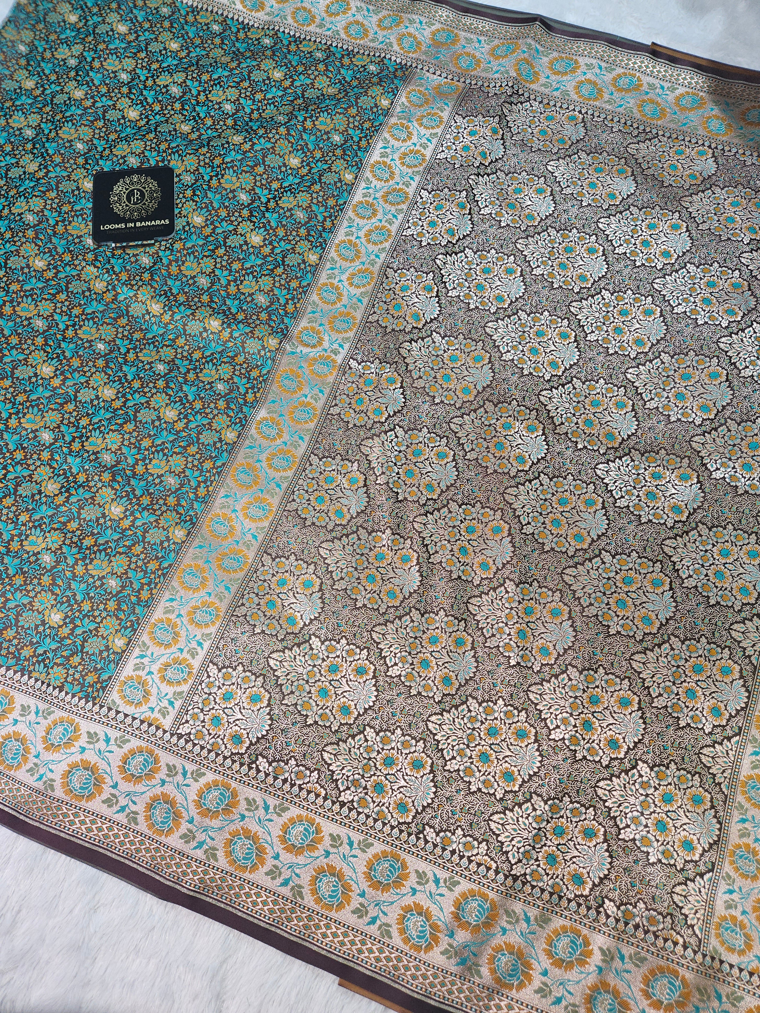 Brown Banarasi Jamewar Satin Silk Saree with Green Multi Mina.