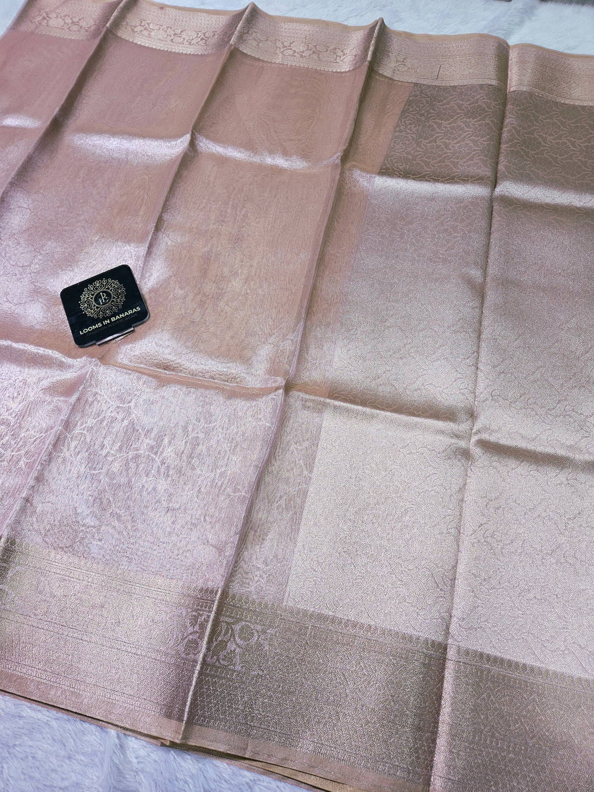 Rose Gold Banarasi Tissue Zari Tanchui Design  Border Saree
