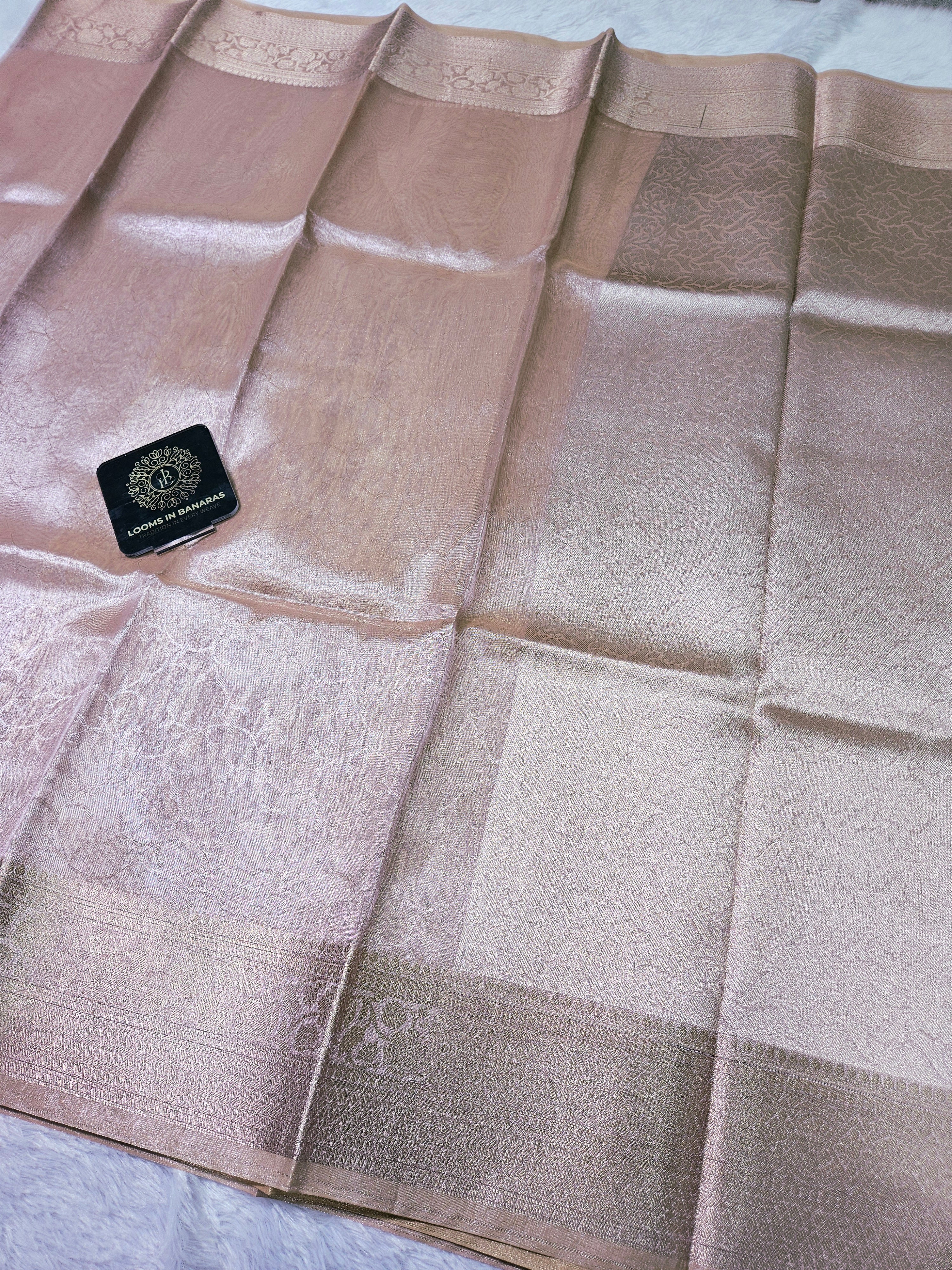 Rose Gold Banarasi Tissue Zari Tanchui Design  Border Saree
