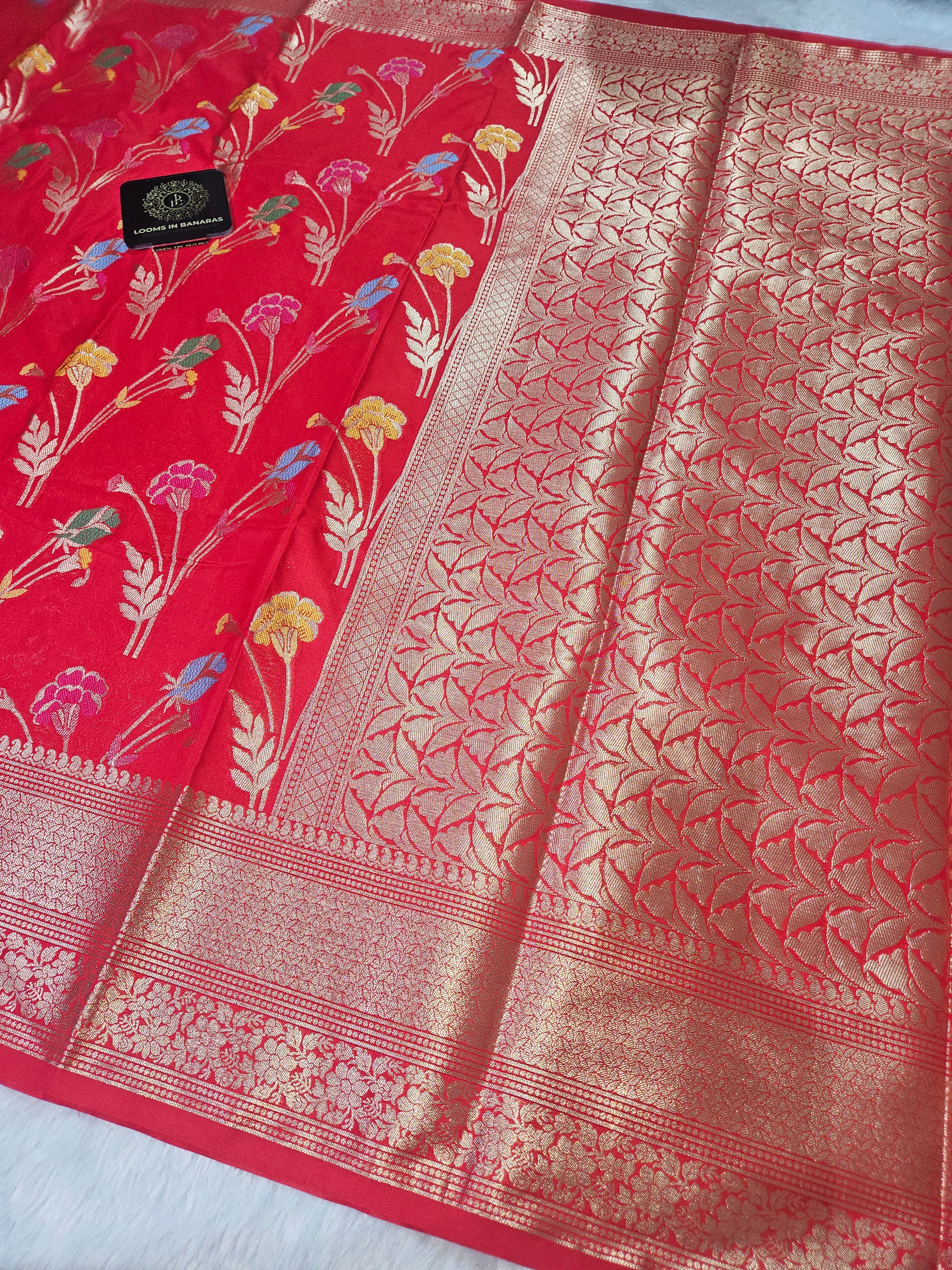 Banarasi Red Katan Silk Tilfi minakari Jaal Design Saree