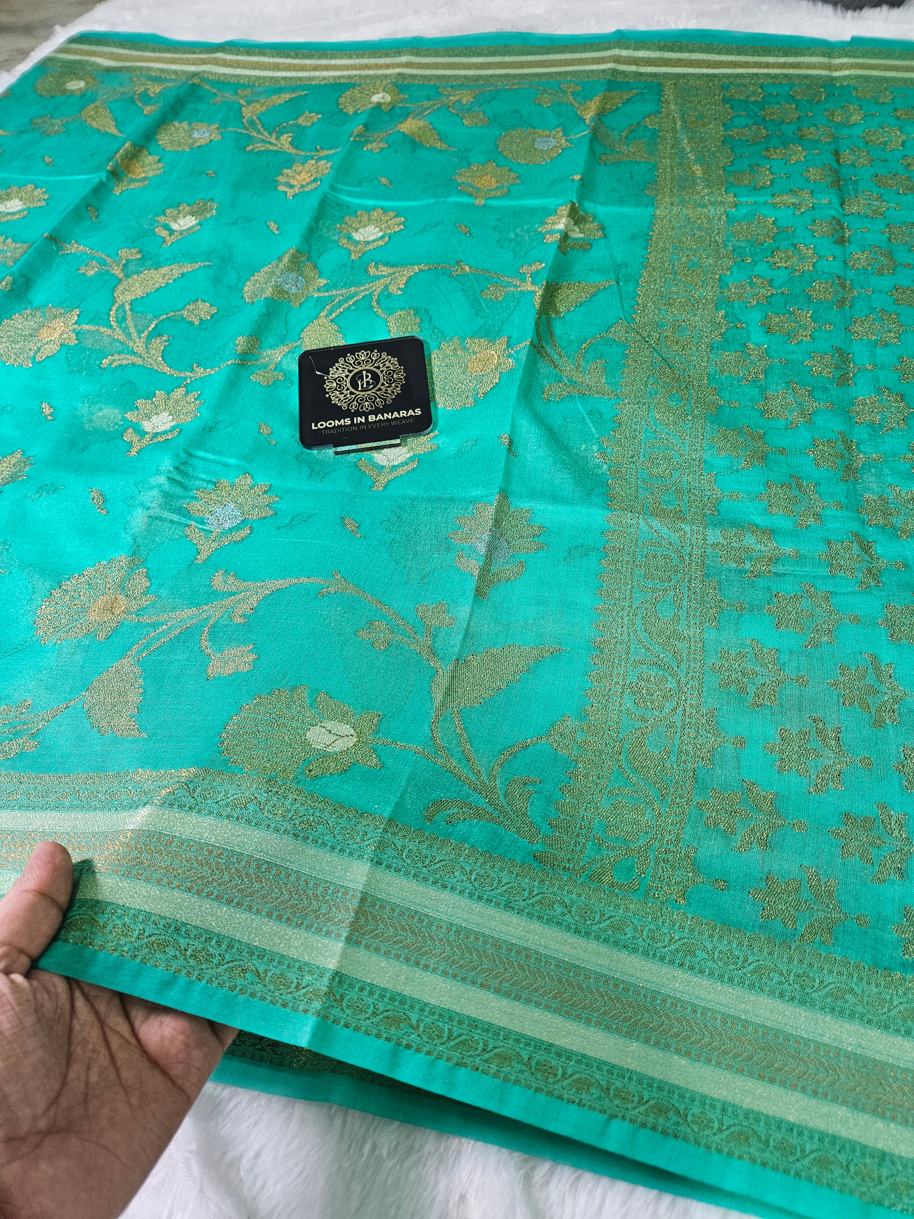 Banarasi Georgette Sea Green Saree with Nimzari Border Jaal