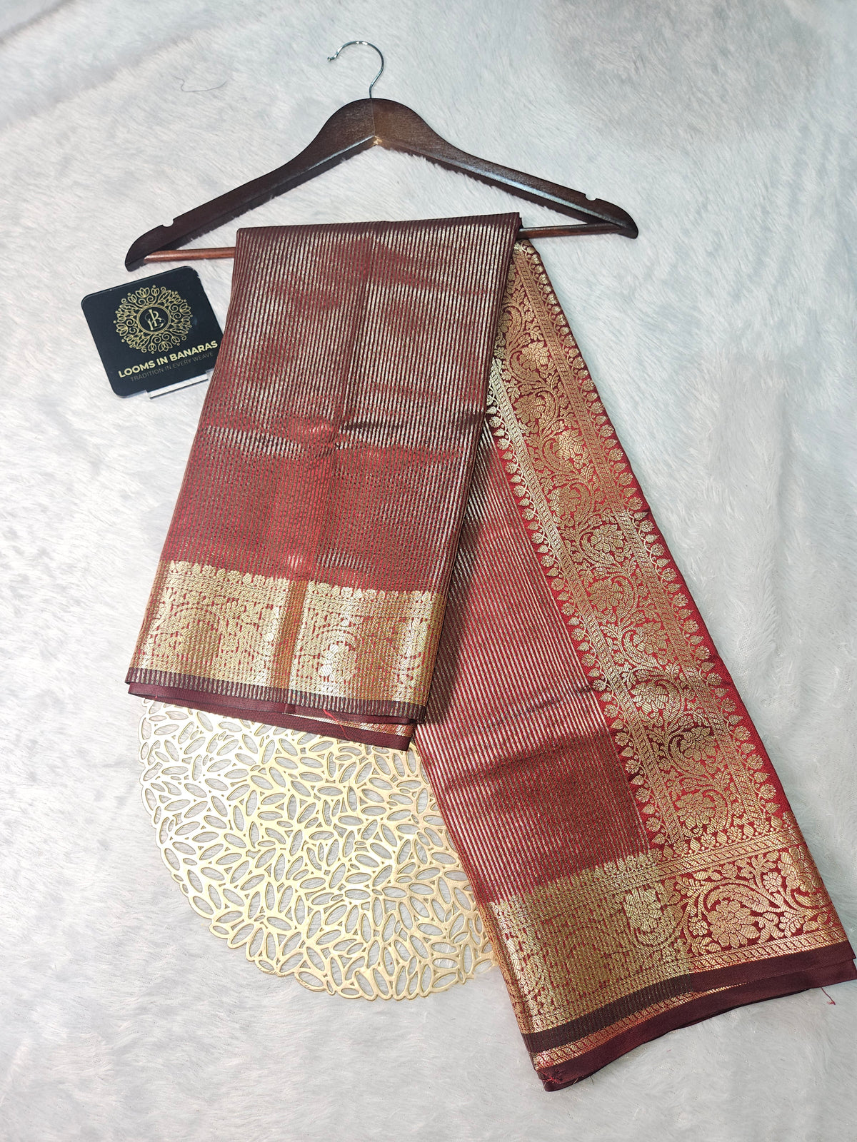 Maroon Banarasi Soft Tissue Zari Stripe Design Saree