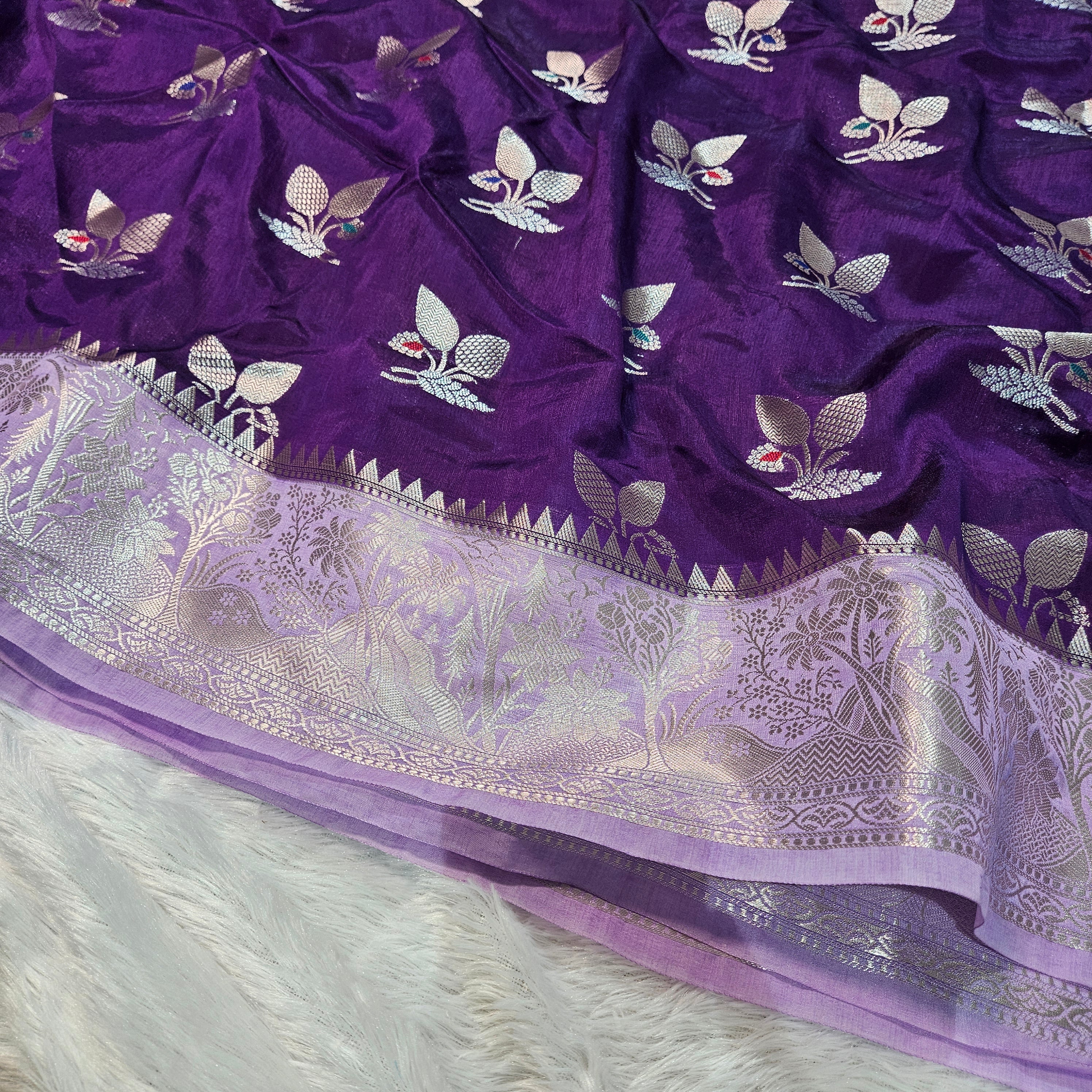 Purple and Lavender Contrast Banarasi Viscose Silk Saree Mina Buta with Zari Border