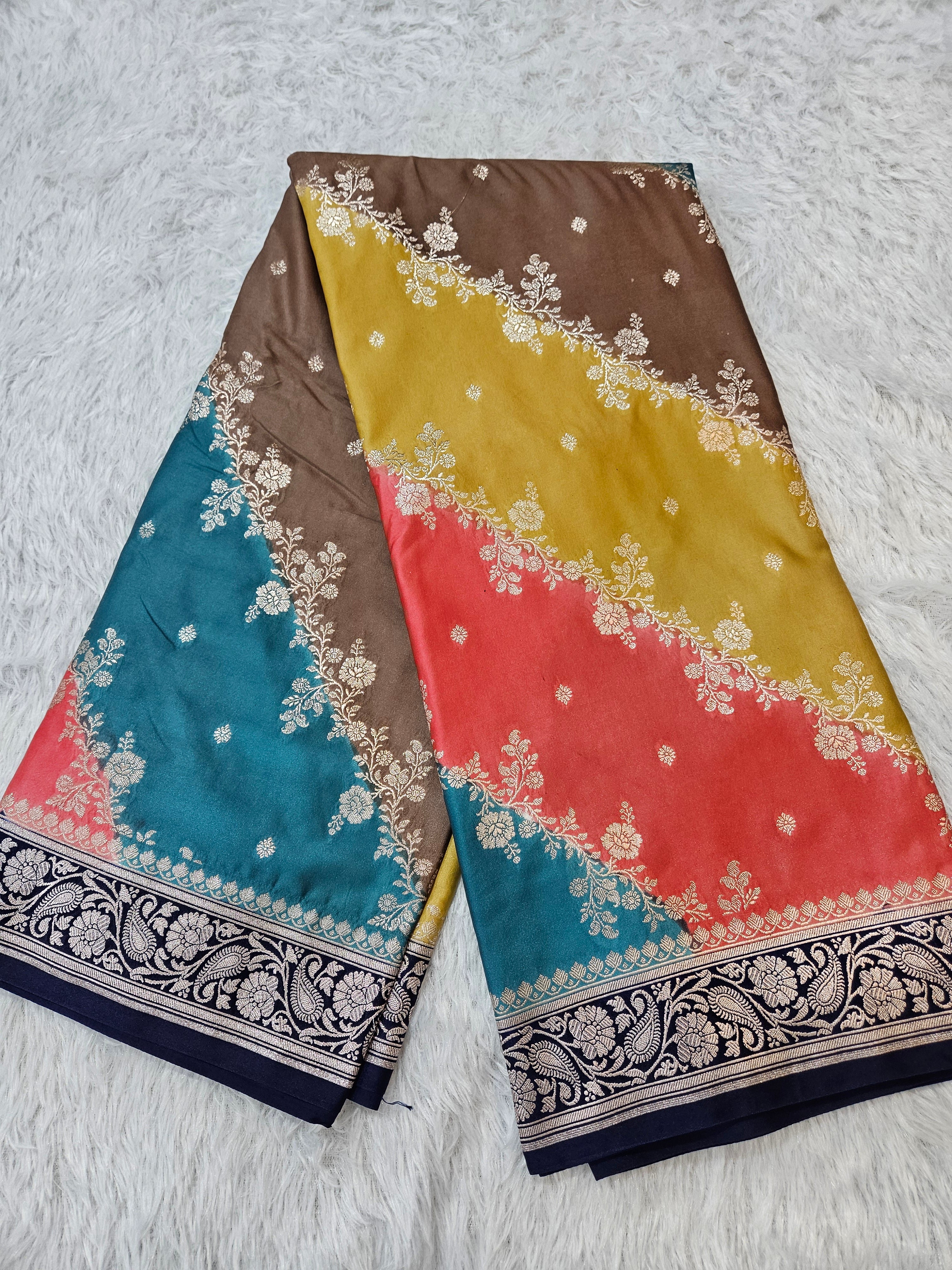 Rangkaat Navy Blue Mashru Silk Banarasi Saree Aada Design Multi Colour