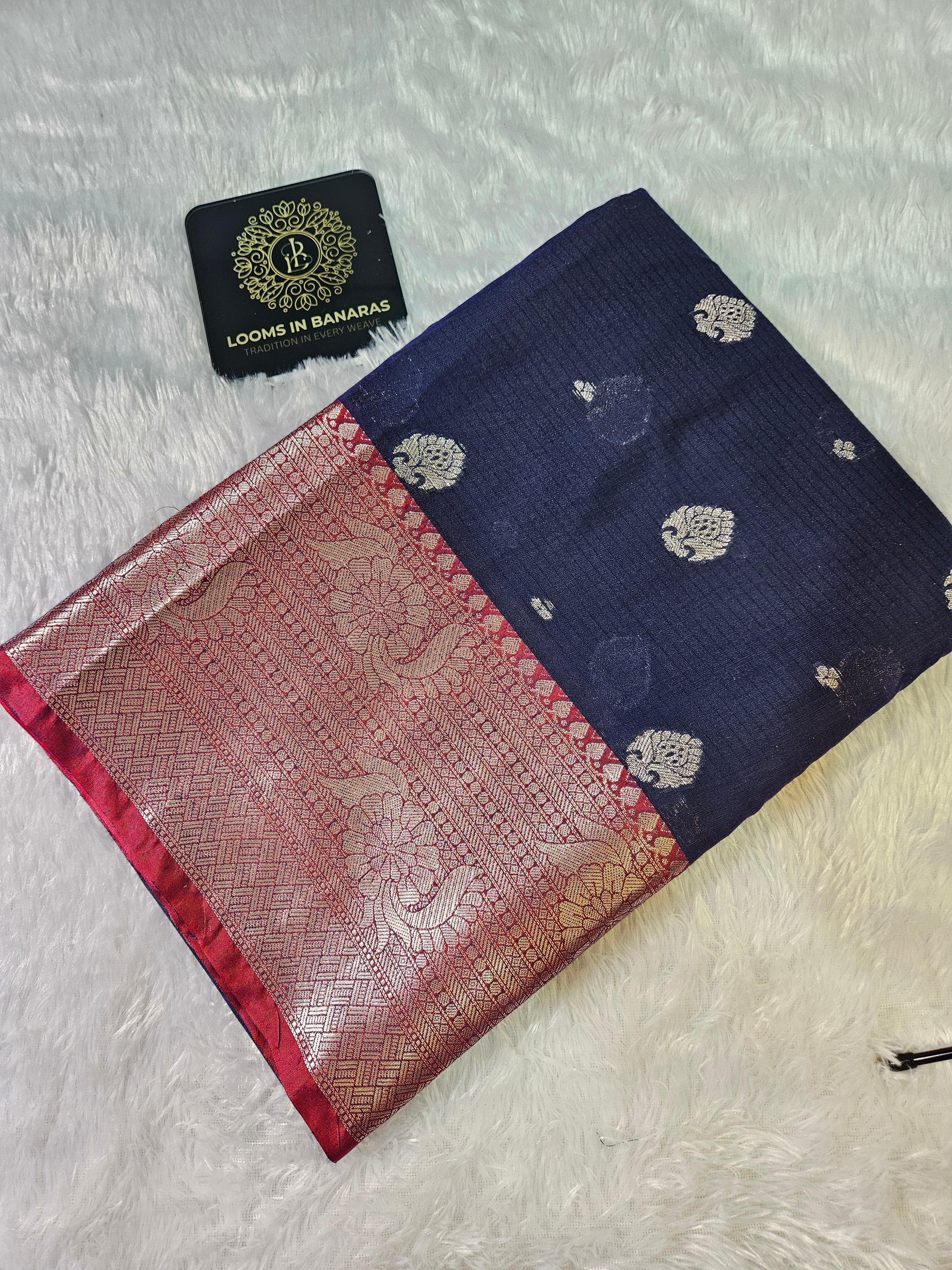 Navy Blue and Red Contrast Banarasi Cotton Zari Border Boota Saree