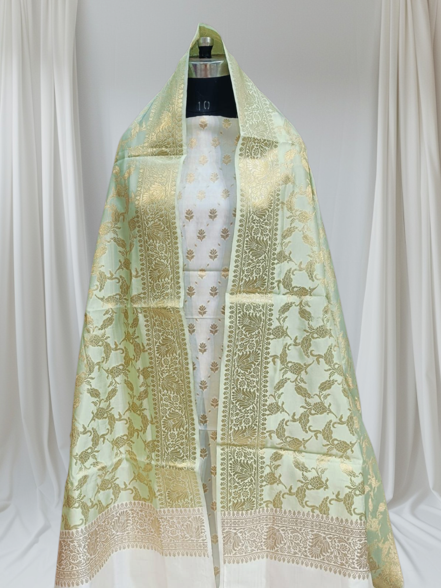 White And Pista Contrast Zari Buti Banarasi Silk Suit