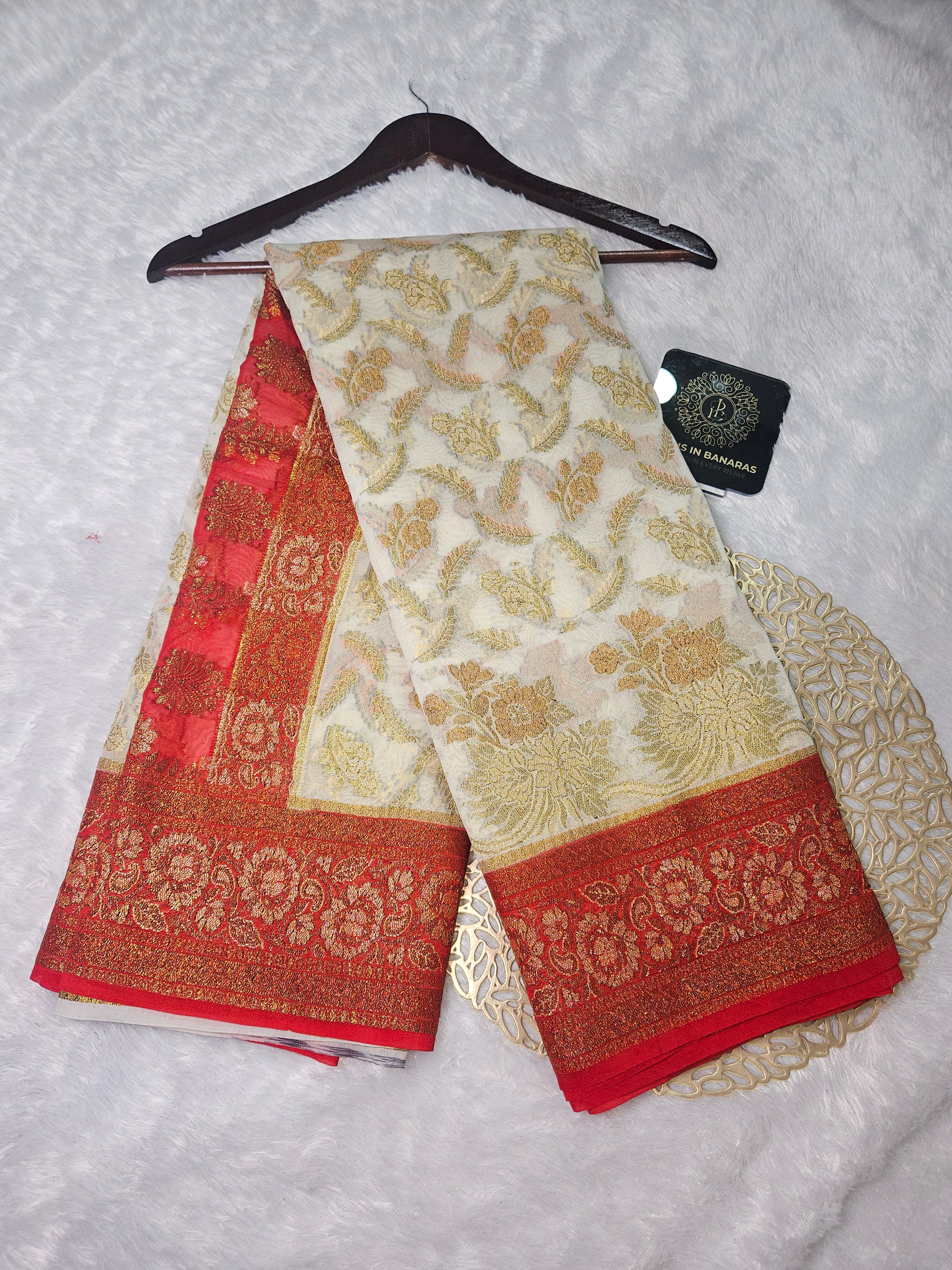 Banarasi Georgette White Contrast Red Saree with Gold Zari Jaal Design