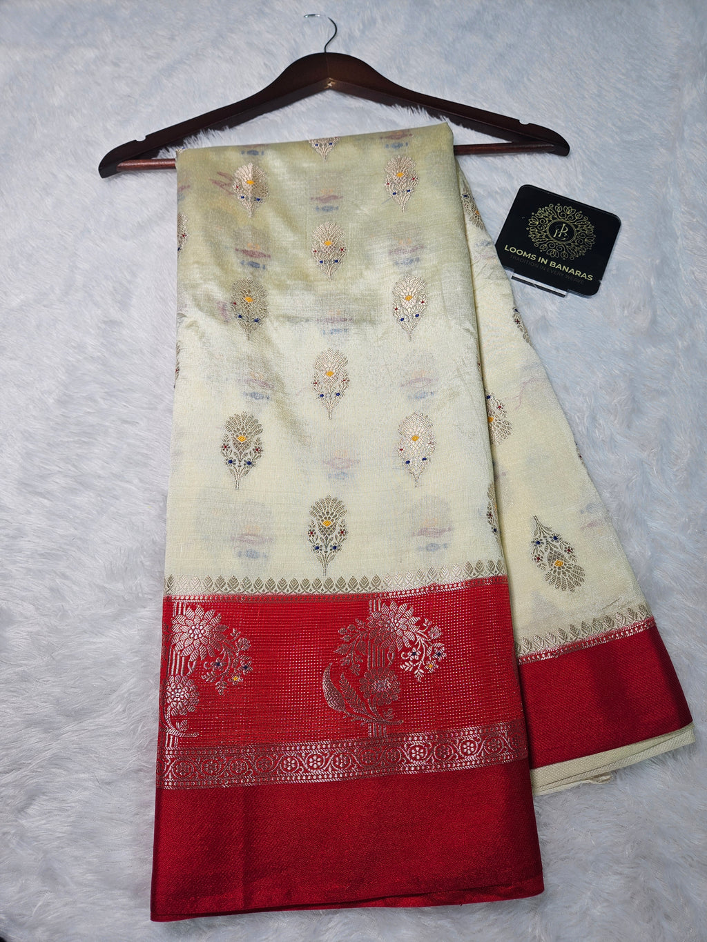 Banarasi Off White and Red contrast Viscose Silk Fancy Border Booti Saree