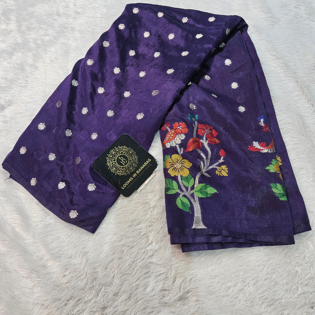 Navy Blue Banarasi Viscose Silk Saree Tilfi Skirt