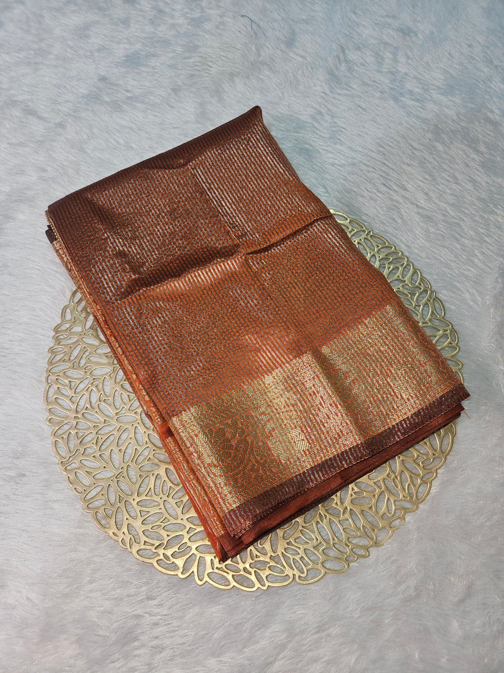 Rust Banarasi Soft Tissue Zari Stripe Design Saree