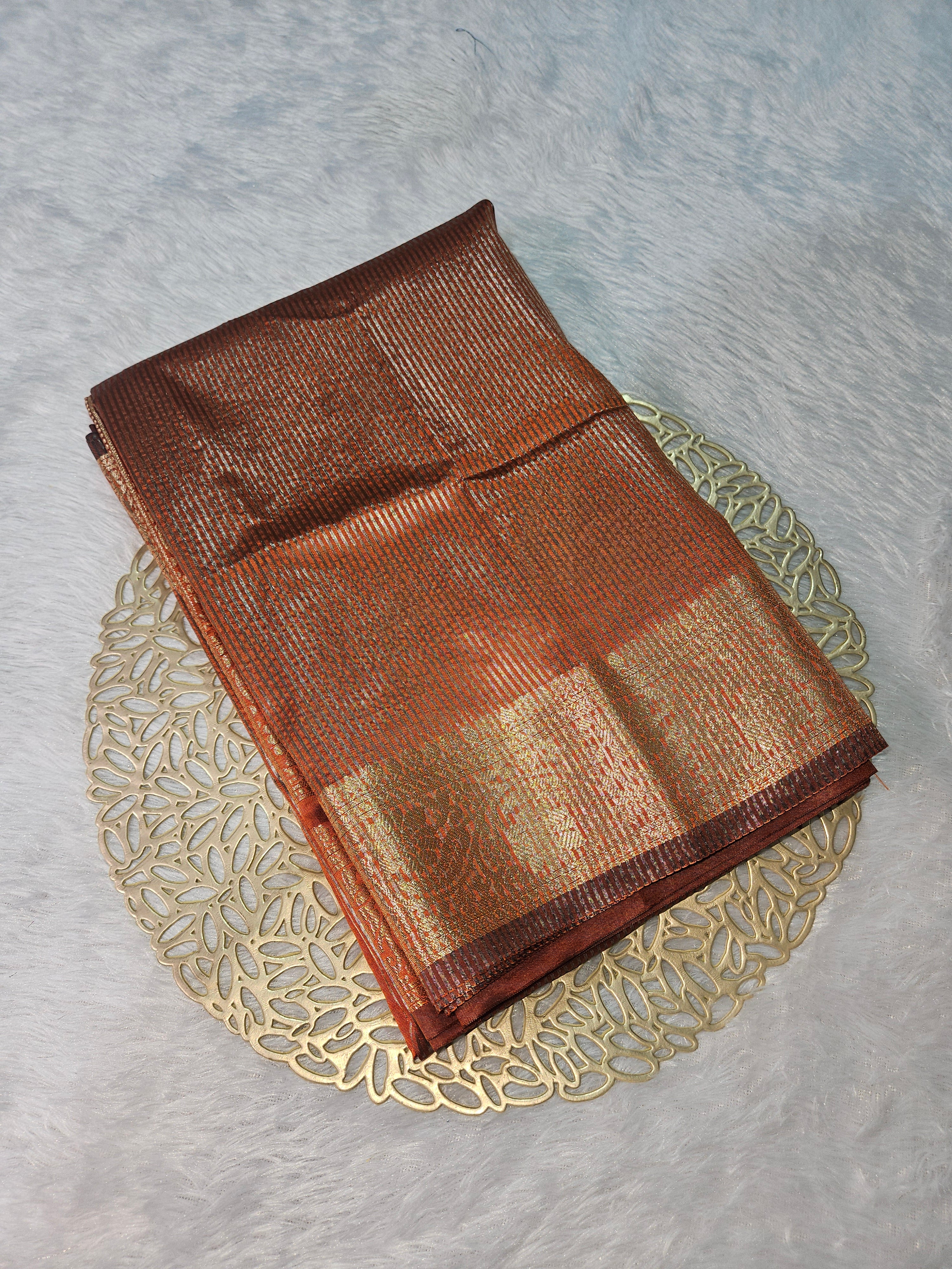 Rust Banarasi Soft Tissue Zari Stripe Design Saree