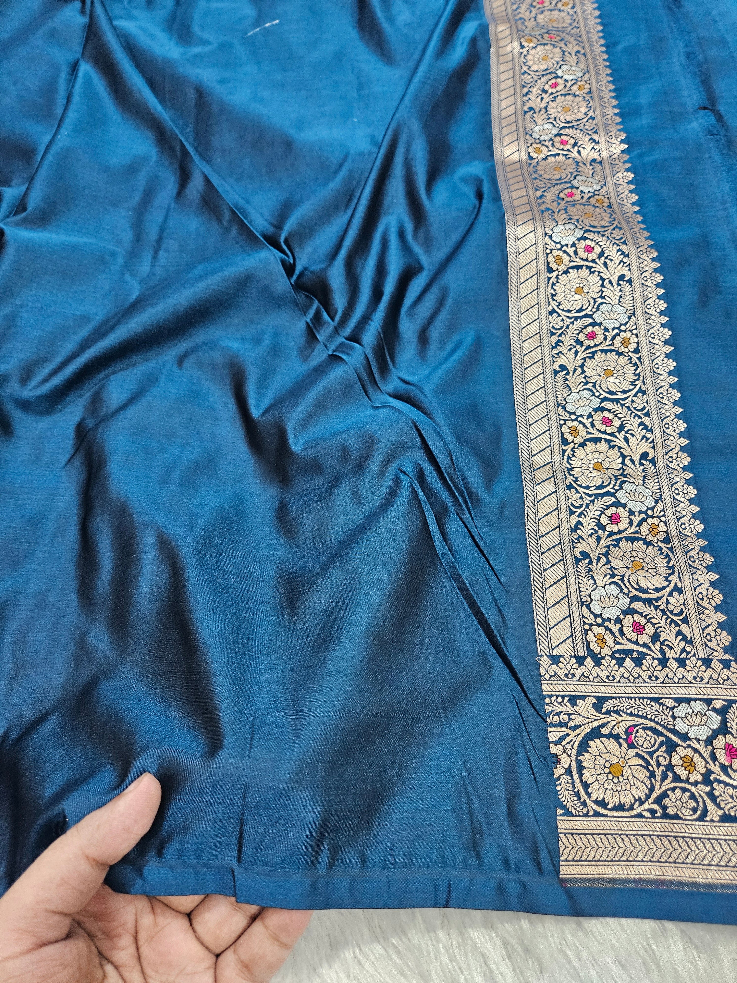 German Blue Mashru Silk Banarasi Border Tilfi Jangla Saree