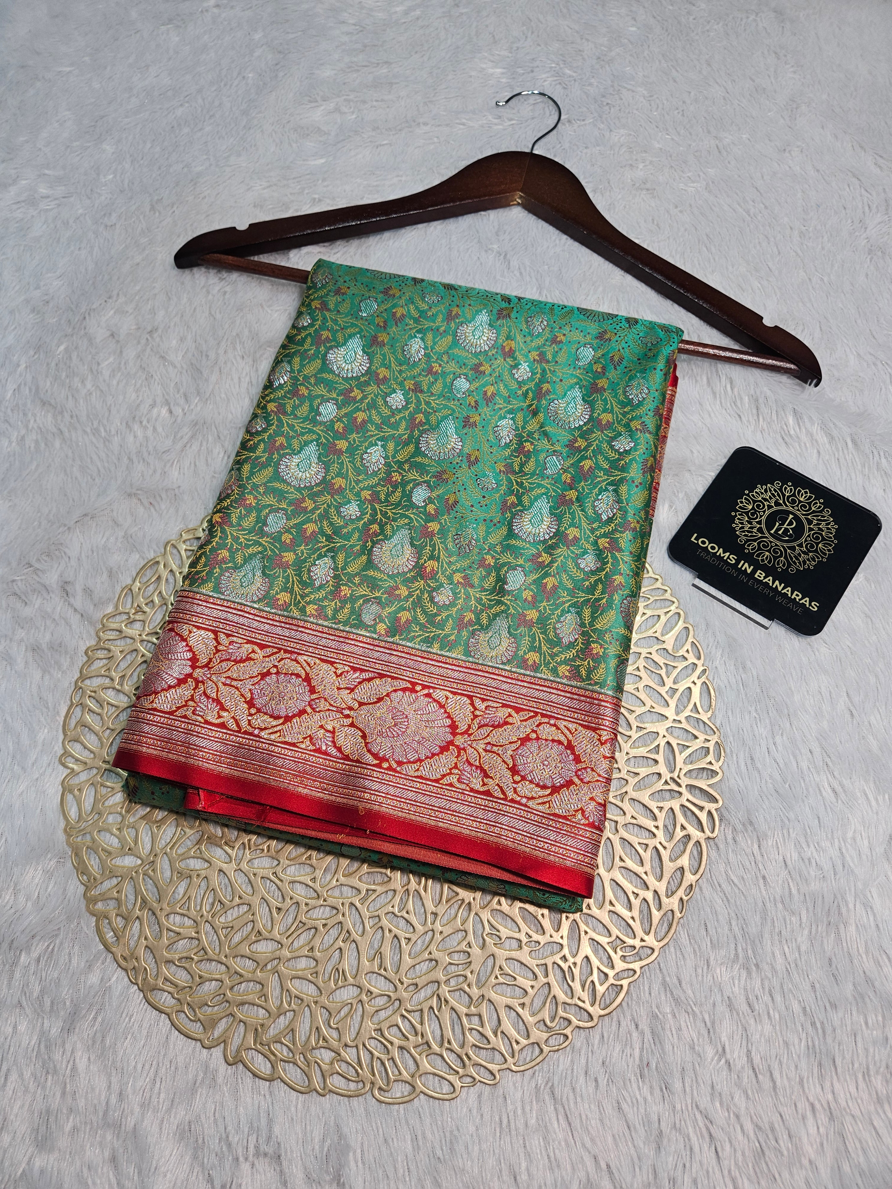 Sea Green and Red Contrast Banarasi Jamewar Katan Satin Silk Saree with Multi Minakari