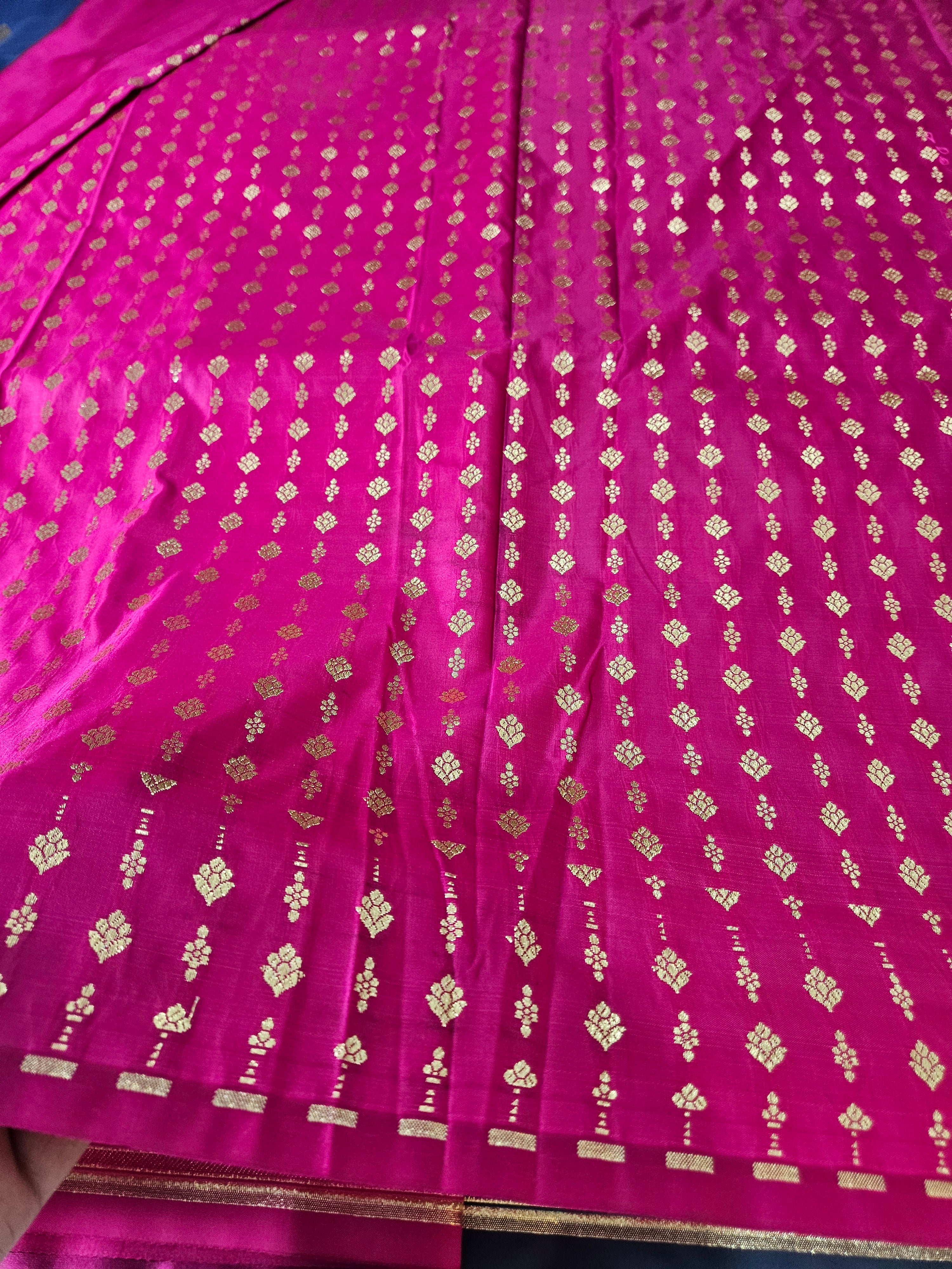 Banarasi Blue and Rani Contrast Mashru Silk Banarasi Border Booti Saree
