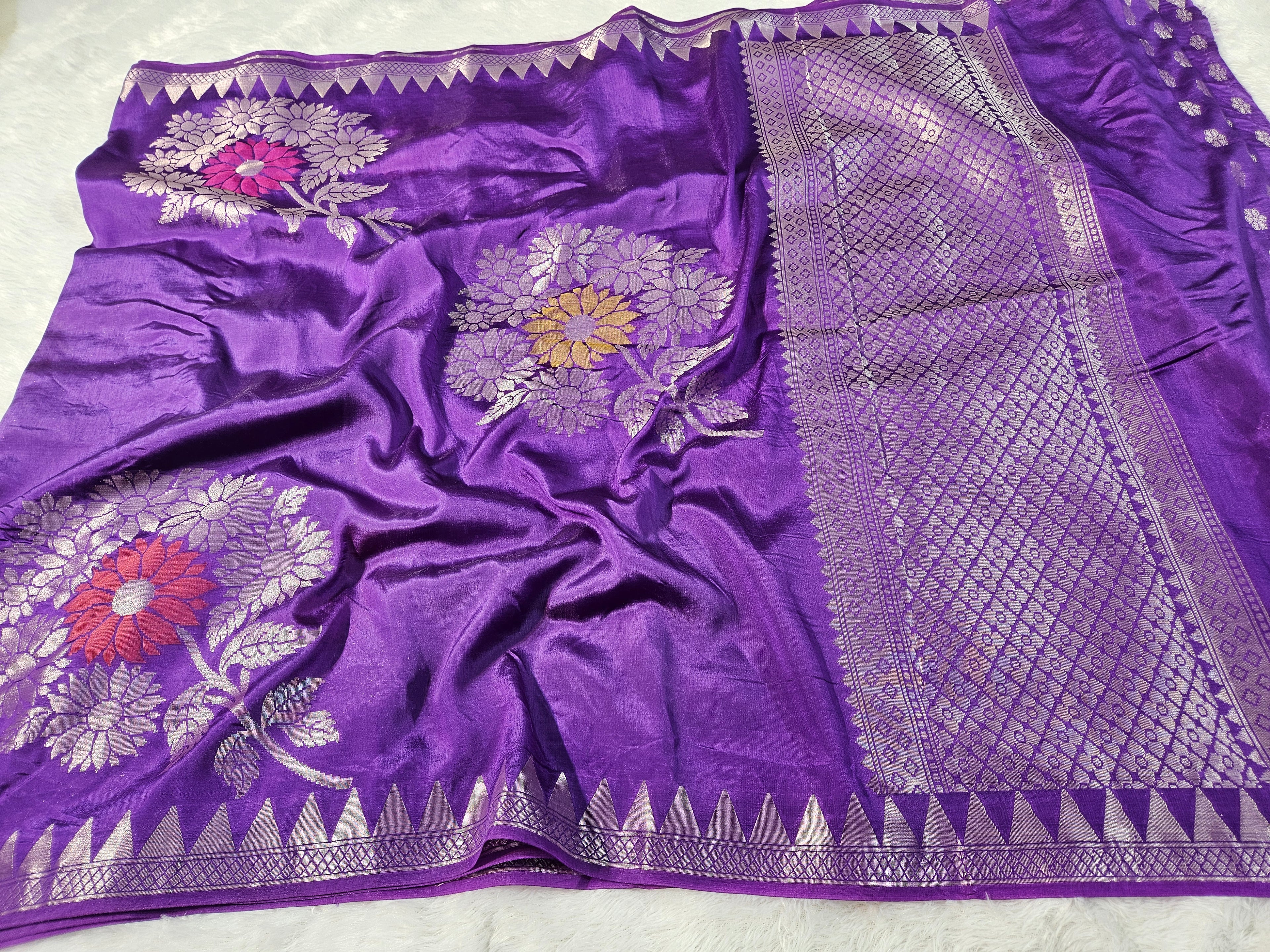 Purple Banarasi Viscose Silk Saree Mina Buta Design