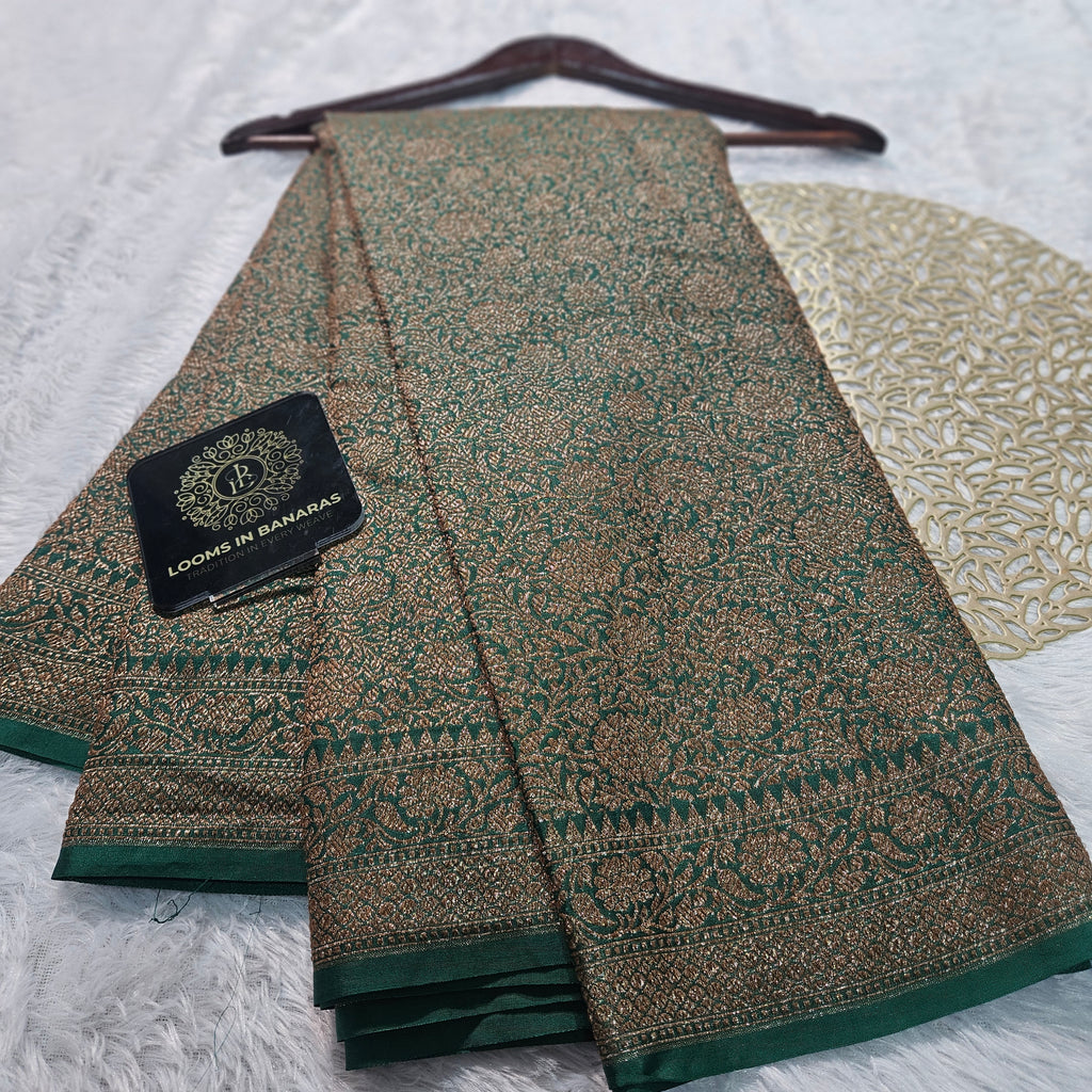 Bottle Green Banarasi Georgette Saree with Antique Zari Tanchui Design