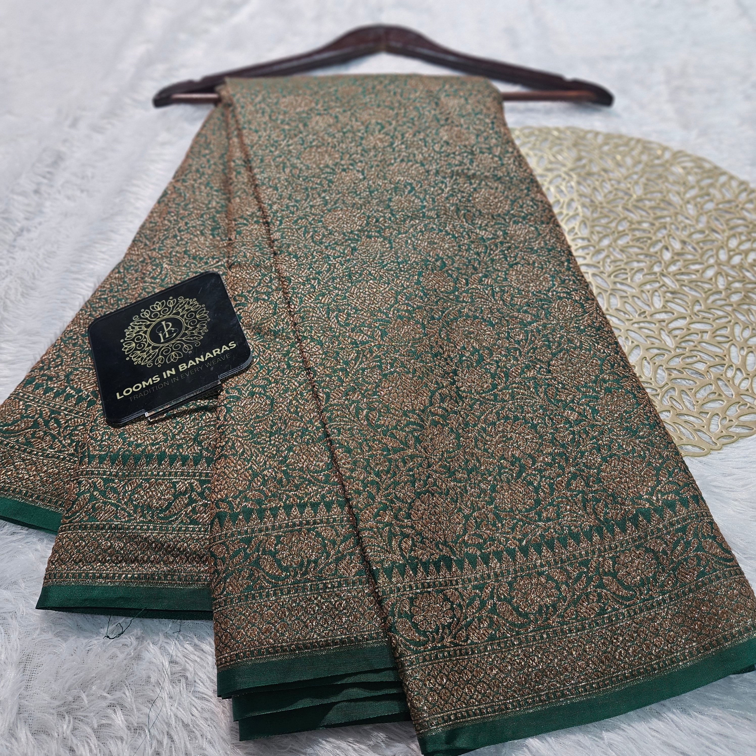 Bottle Green Banarasi Georgette Saree with Antique Zari Tanchui Design