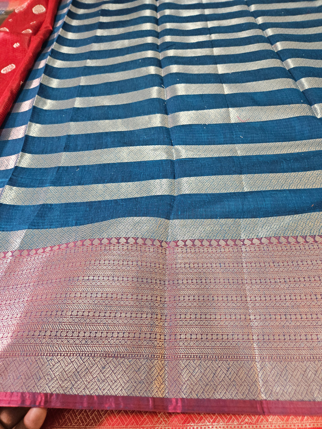 Red and Blue Contrast Banarasi Cotton Zari Border Boota Saree