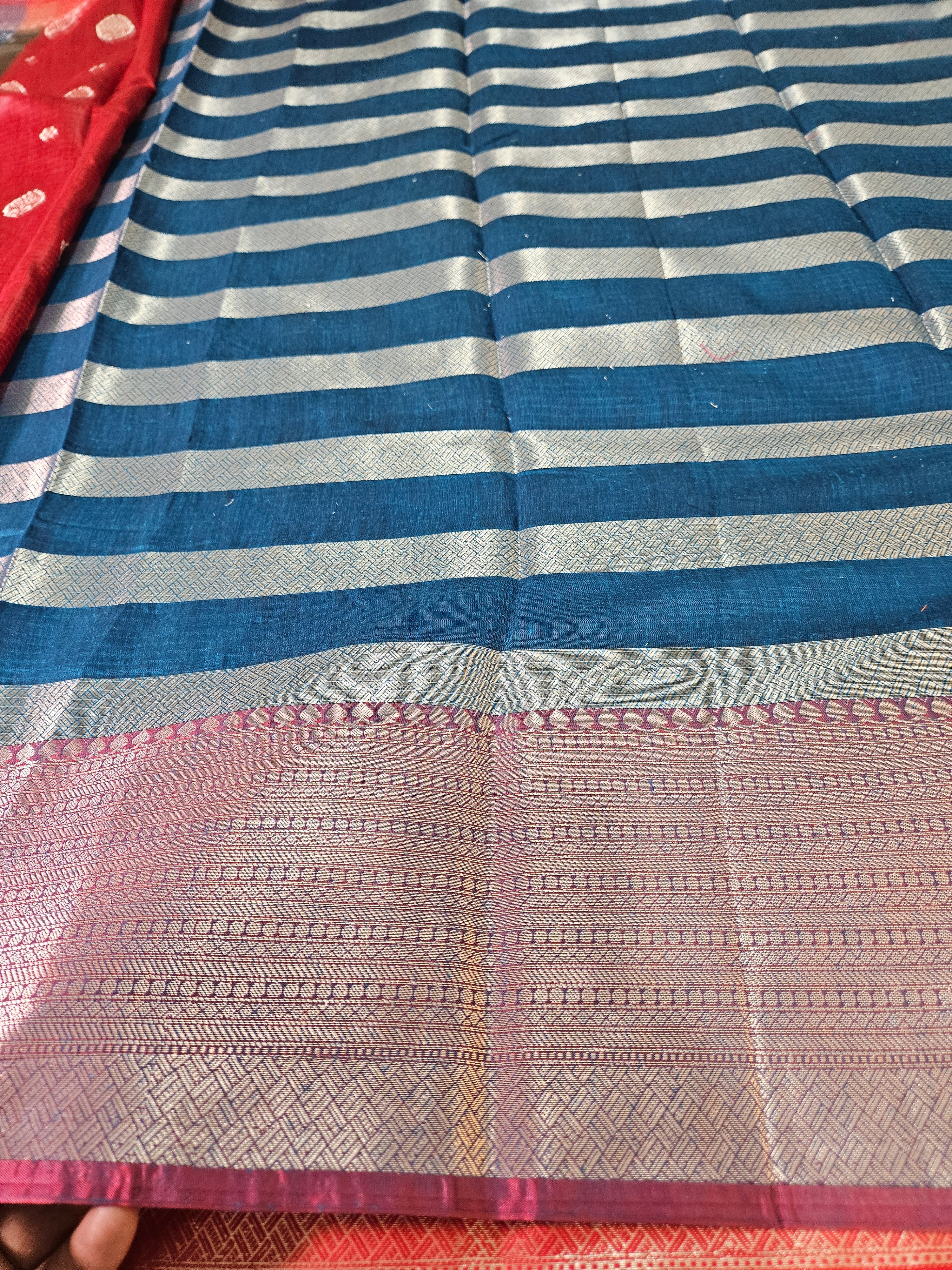 Red and Blue Contrast Banarasi Cotton Zari Border Boota Saree