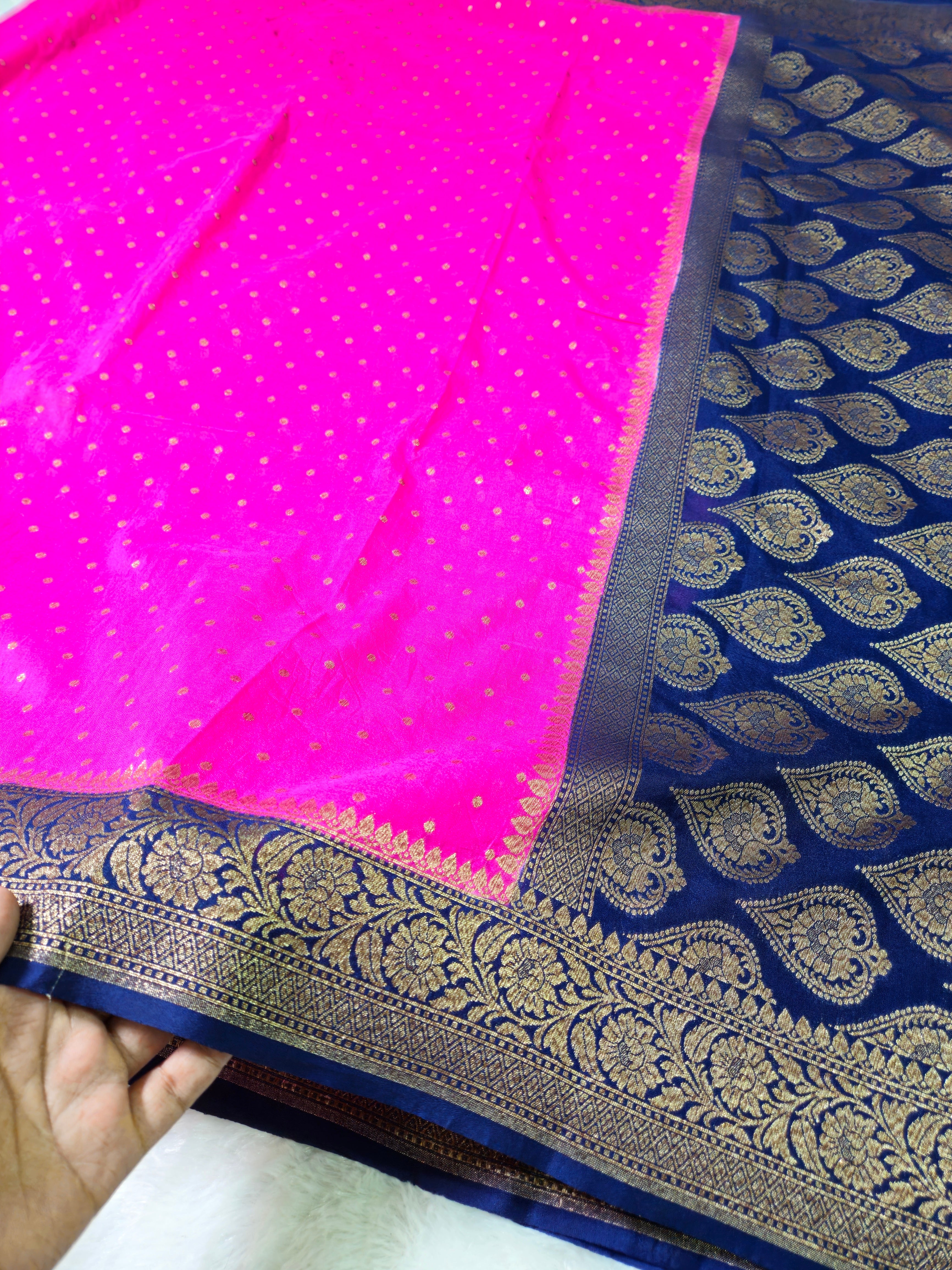 Banarasi Georgette Rani Pink Contrast Navy Blue Saree with Antique Zari Border buti