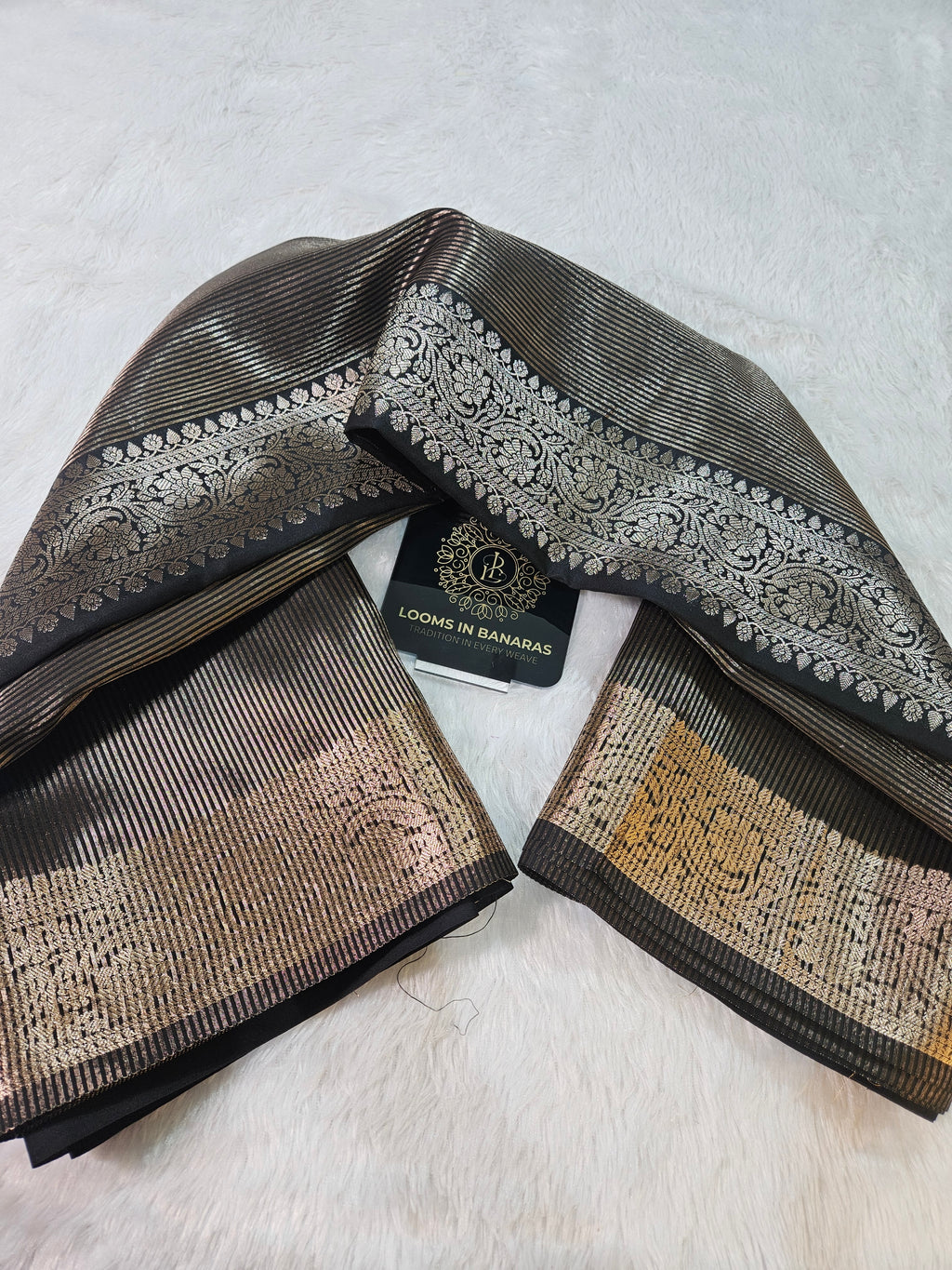 Black Banarasi Soft Tissue Zari Stripe Design Saree