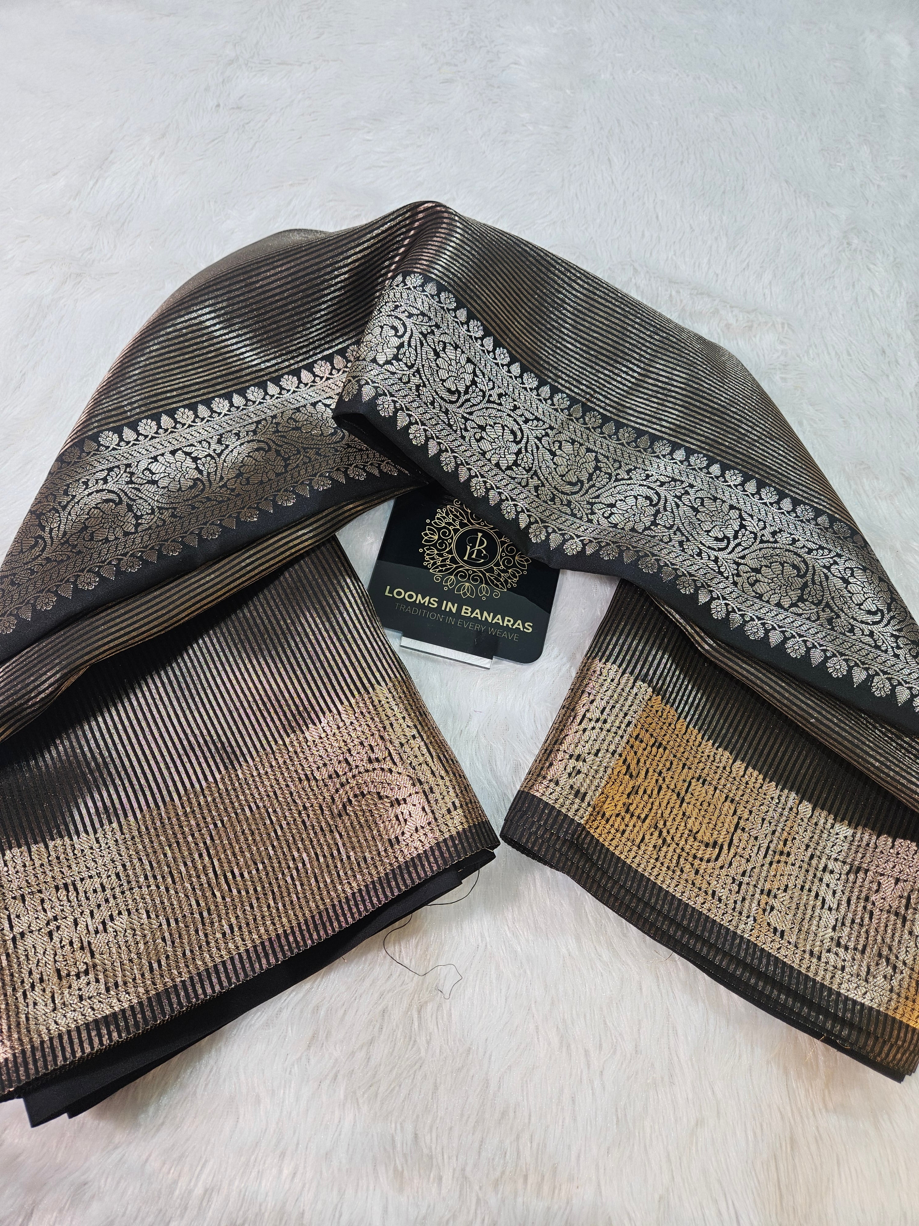 Black Banarasi Soft Tissue Zari Stripe Design Saree