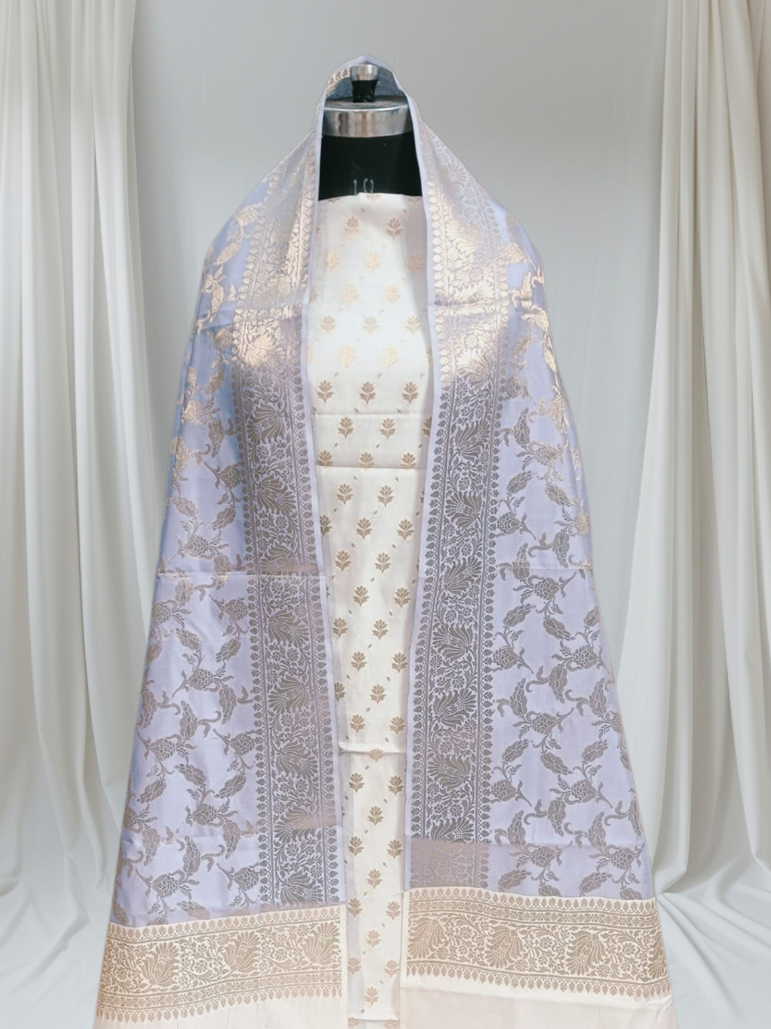 White And Lavender Contrast Zari Buti Banarasi Silk Suit