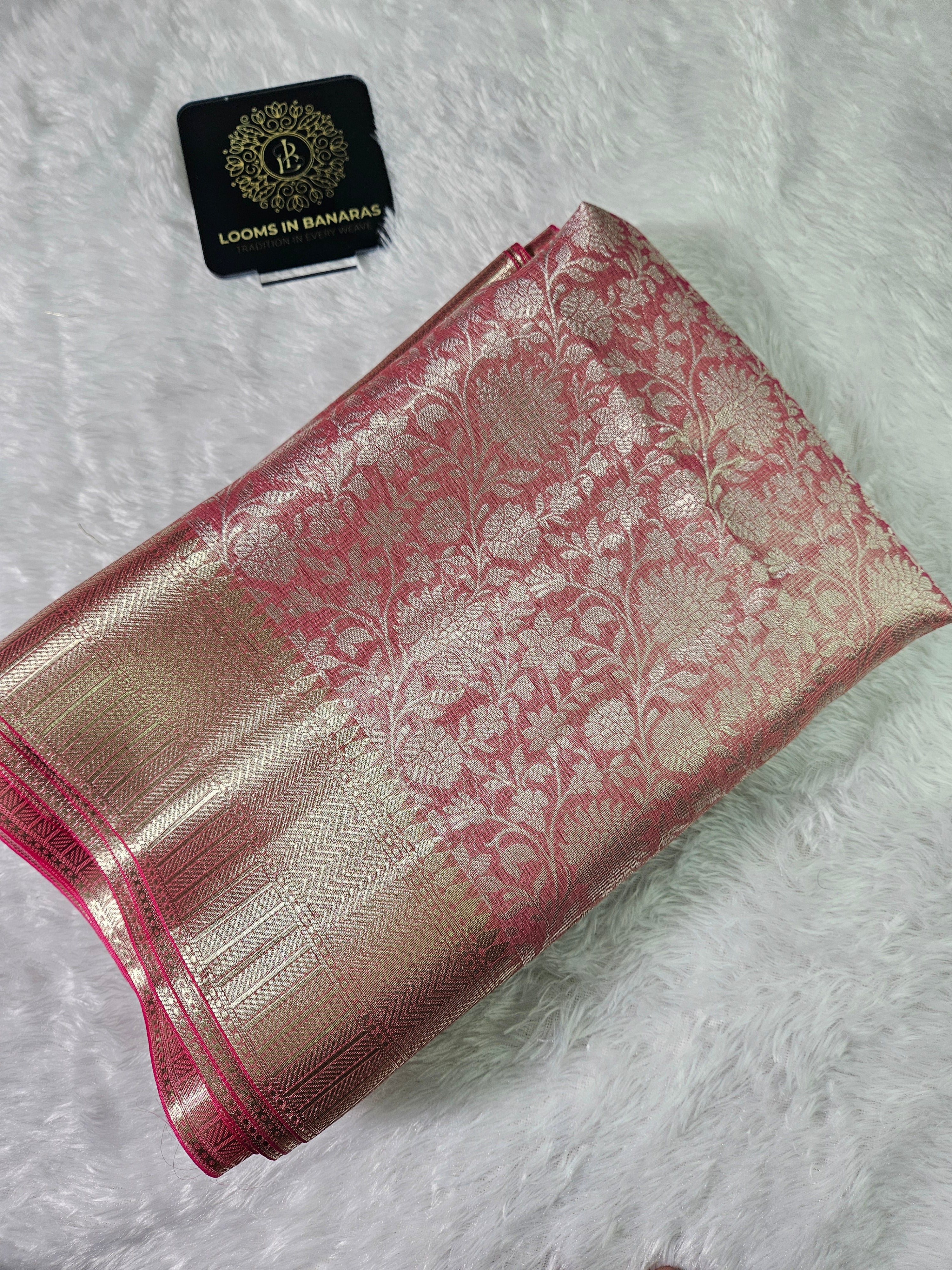 Banarasi Pink Tissue Zari Border Brocade Design Saree