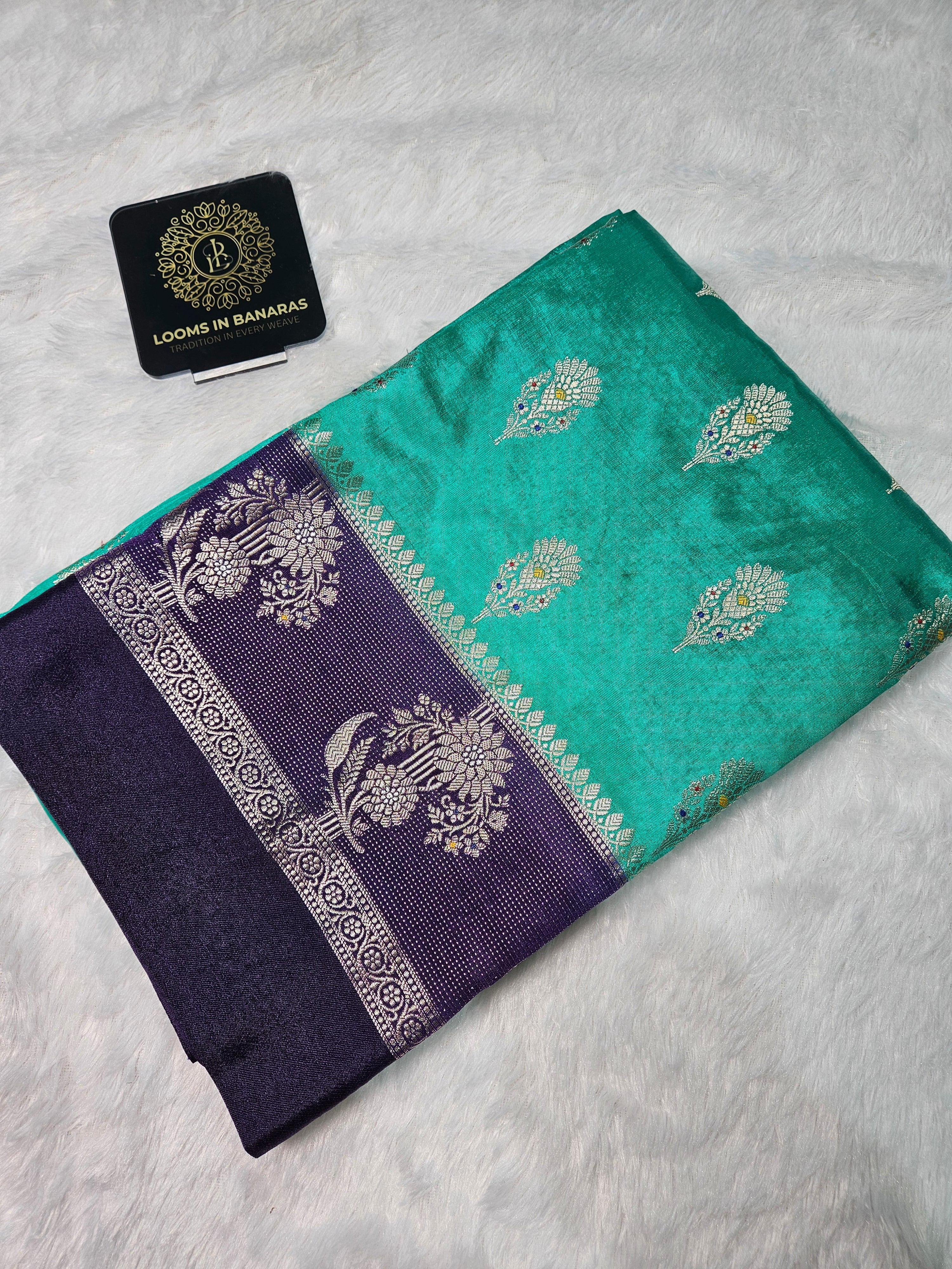 Banarasi Sea Green and Uda contrast Raw Mango Silk Fancy Border Booti Saree