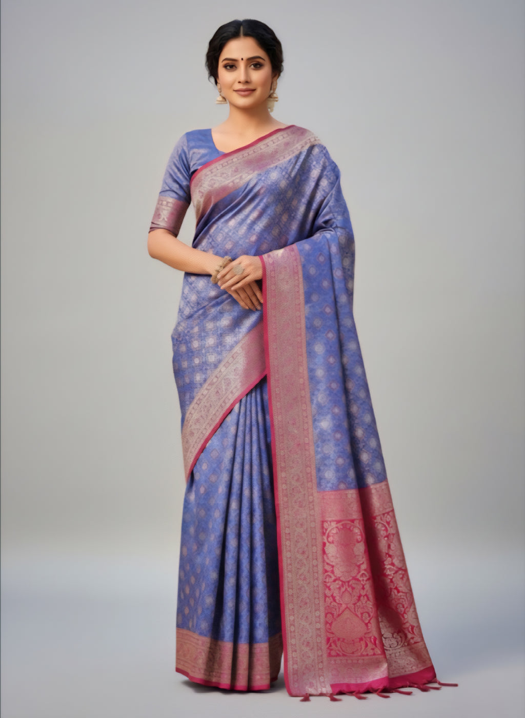 Blue and Rani Contrast Banarasi Jamewar Katan Satin Silk Saree with Multi Minakari