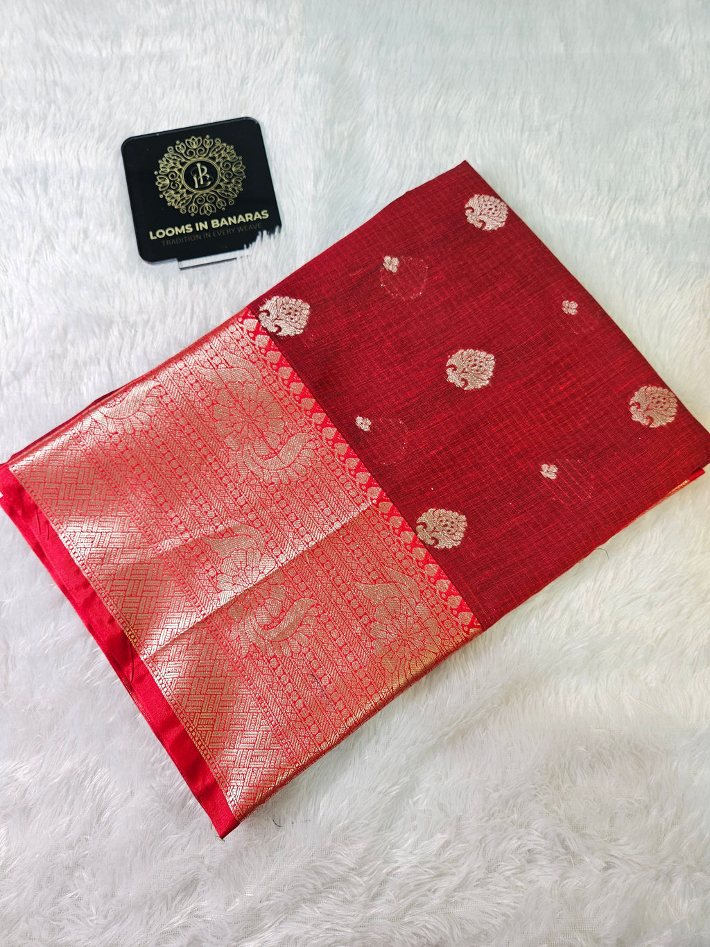 Red and Blue Contrast Banarasi Cotton Zari Border Boota Saree