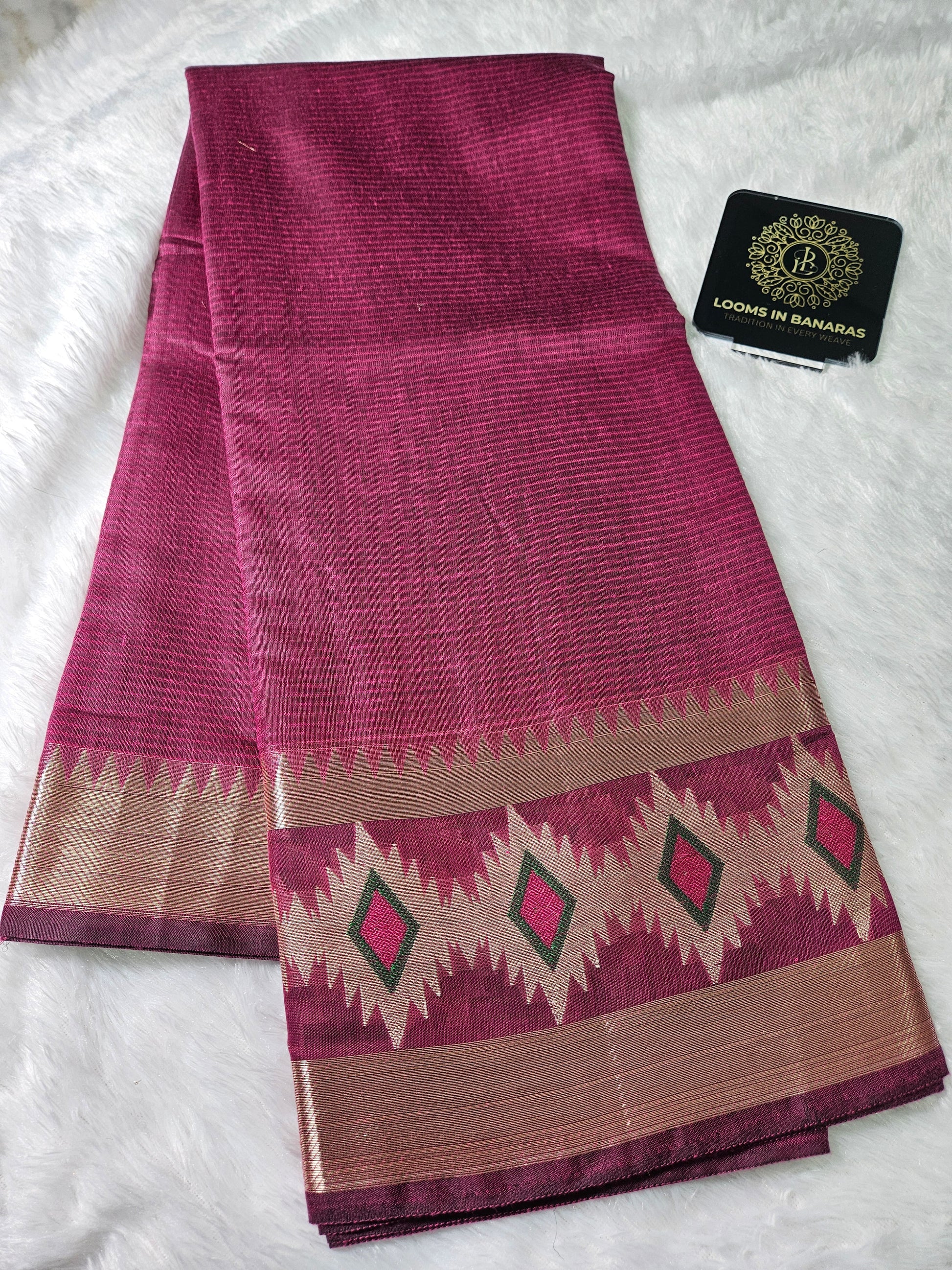 Majenta Banarasi Cotton Zari Alfi Border Plain Saree