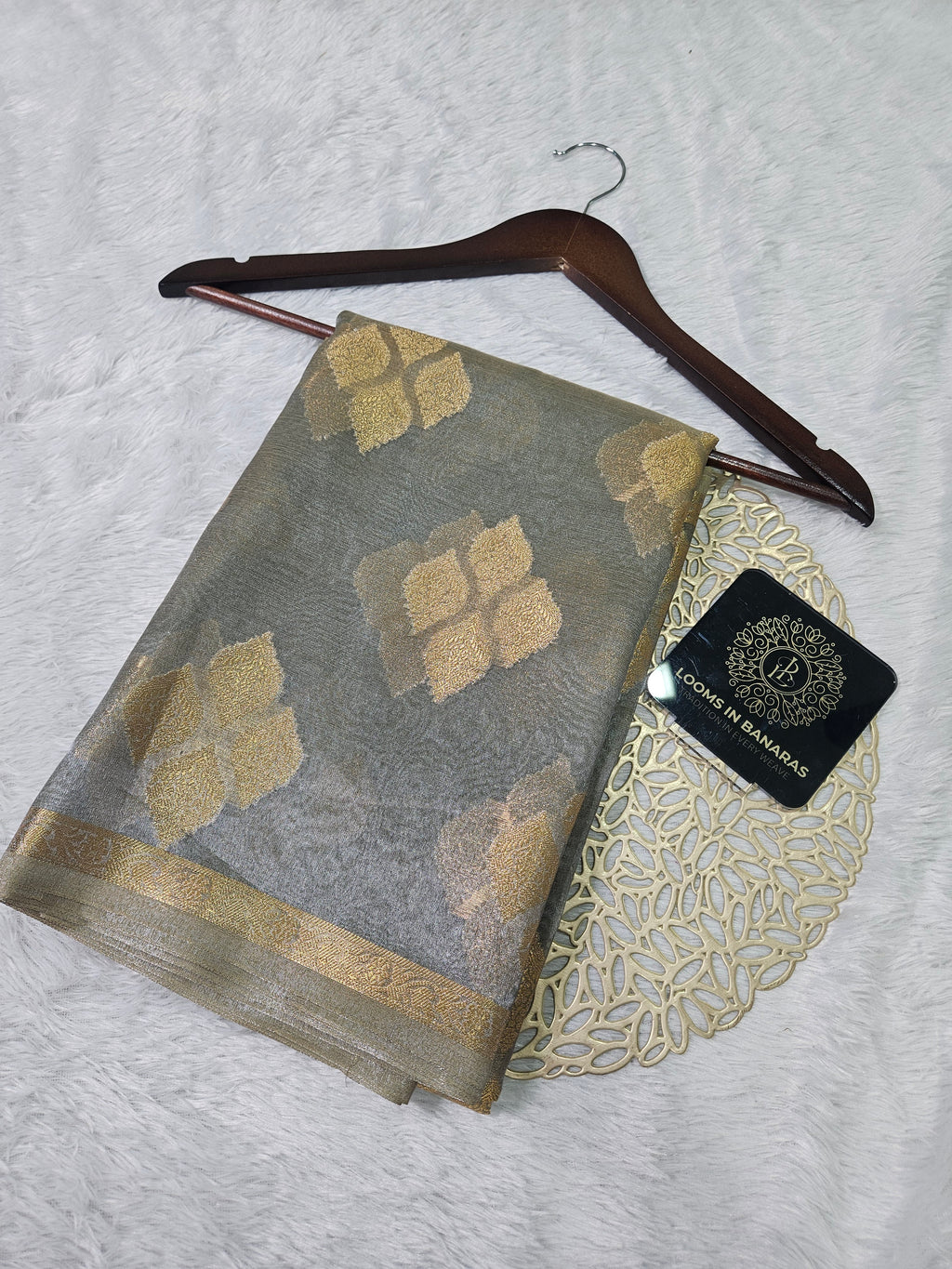 Metallic Grey Banarasi Tissue Zari Buti Design Small Border Saree