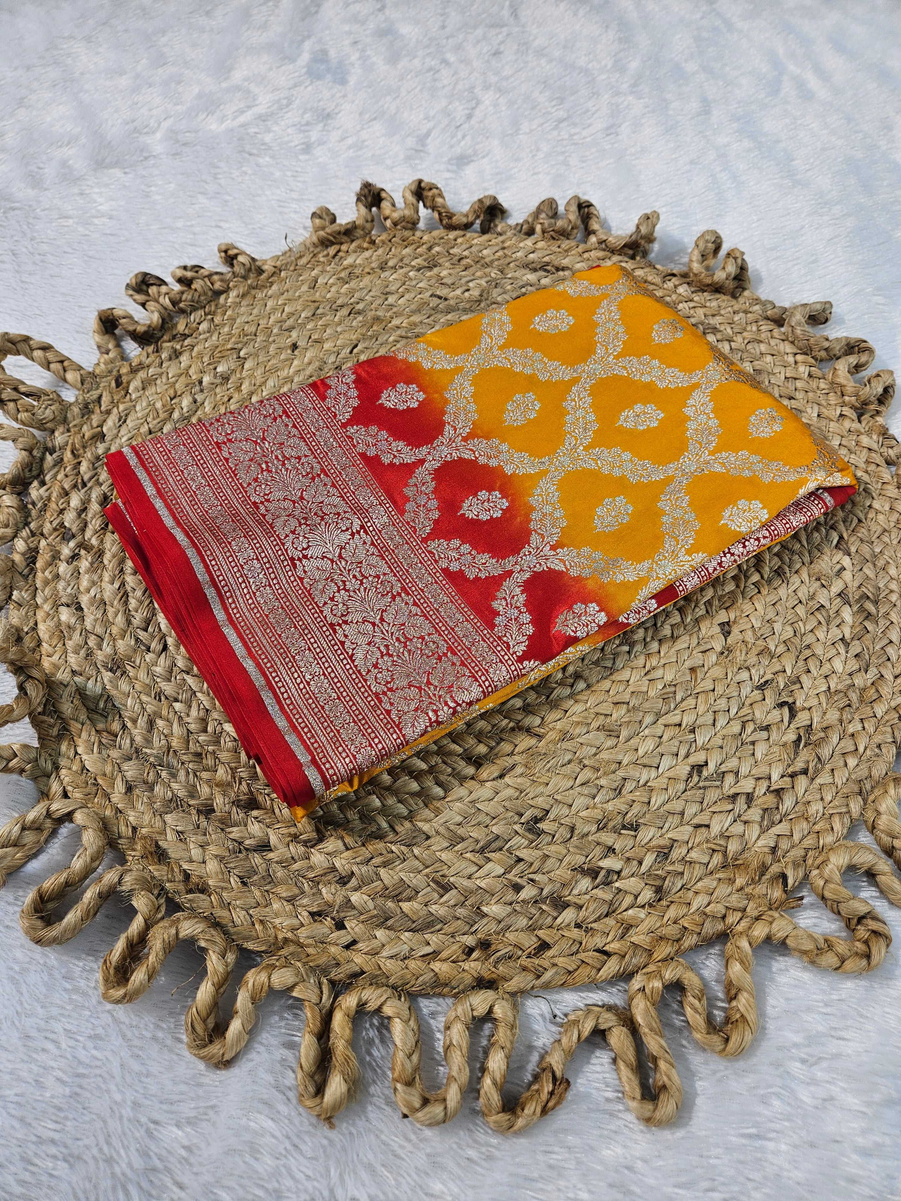 Yellow Gold and Red Contrast Raw Mango Silk Saree with a beautiful Jaal Design