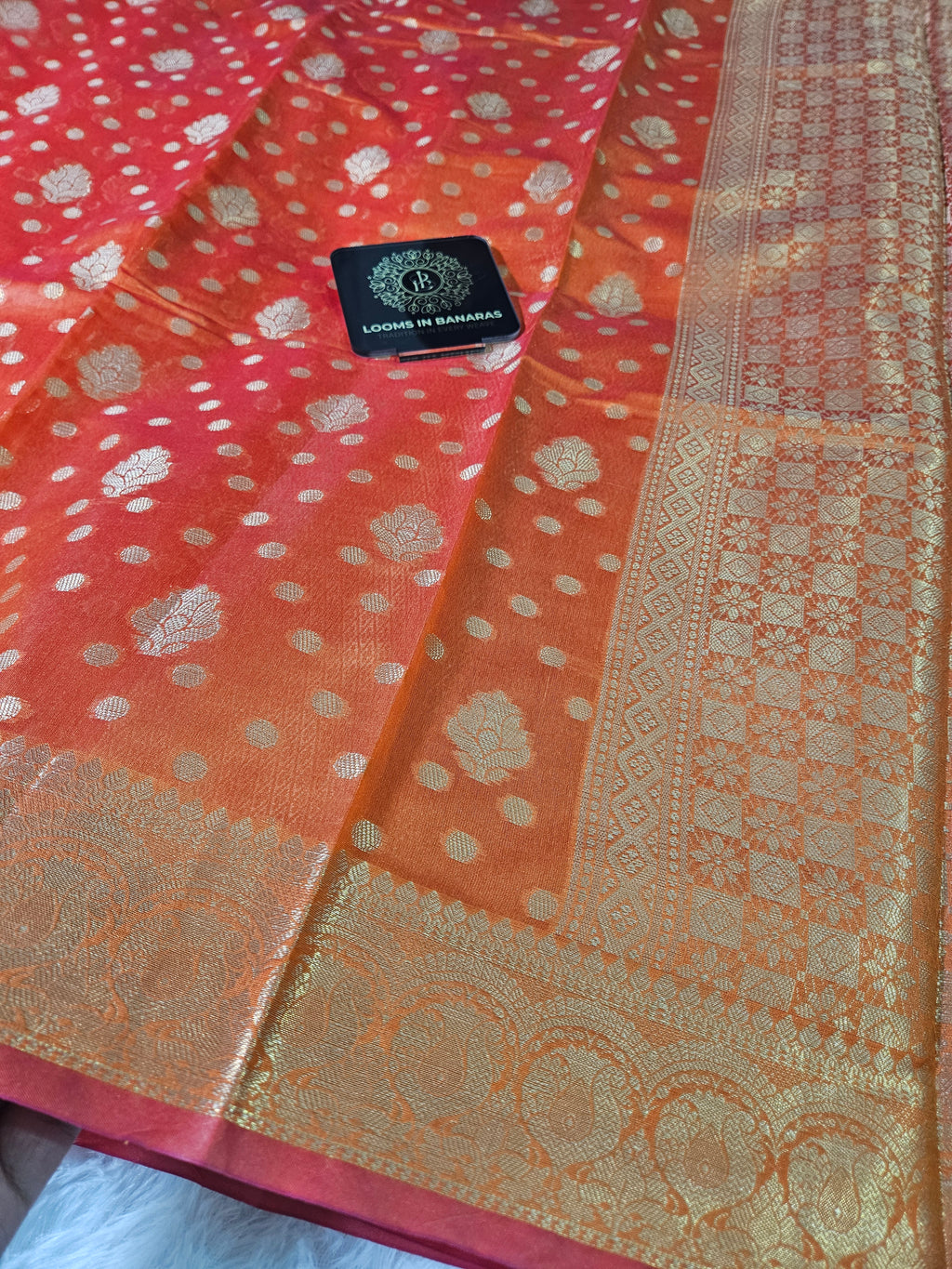Banarasi Silk Orange Buti Zari Border Saree
