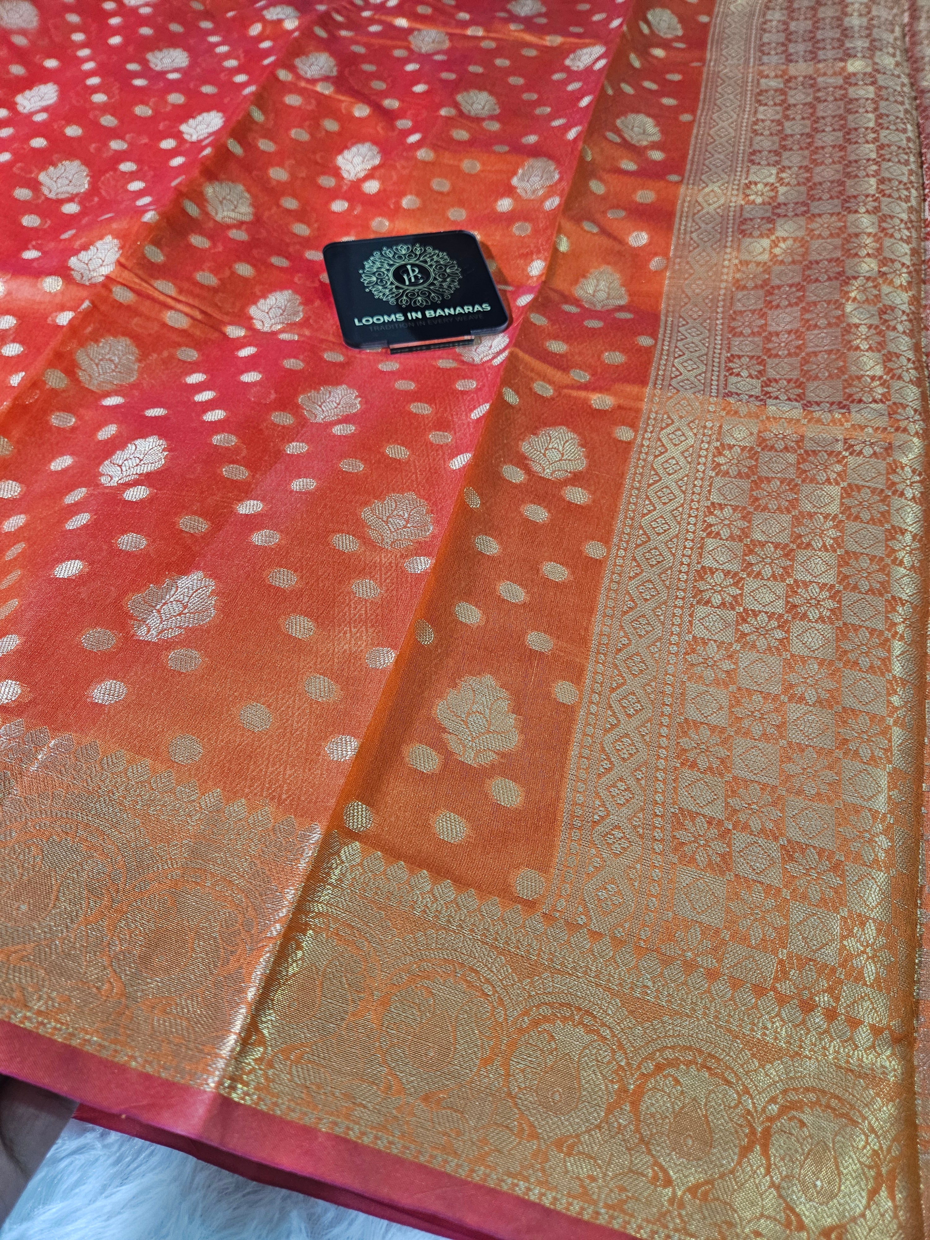 Banarasi Silk Orange Buti Zari Border Saree
