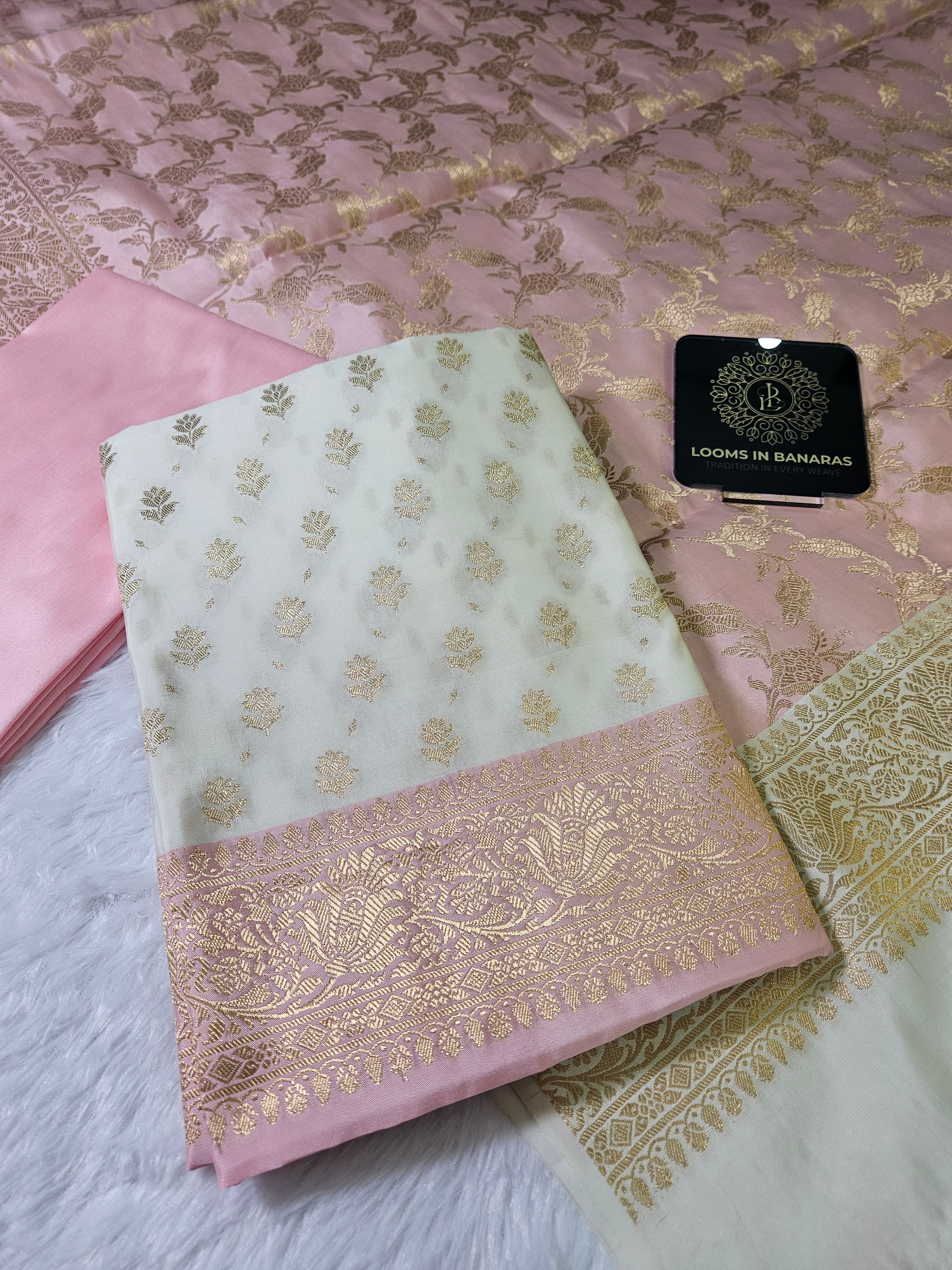 White And Pink Contrast Zari Buti Banarasi Silk Suit