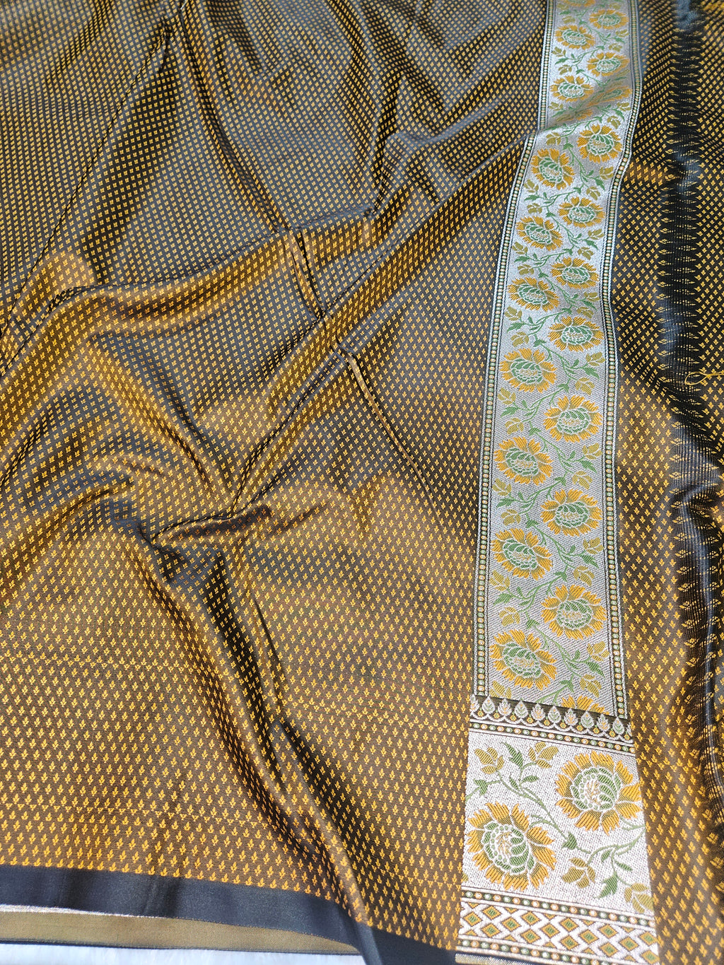 Bottle Green Banarasi Jamewar Satin Silk Saree with Green Multi Mina.