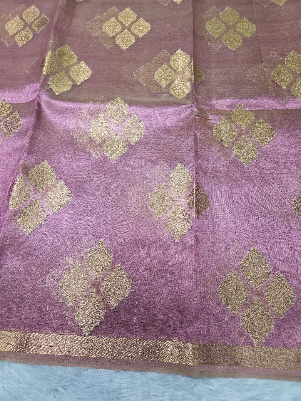 Mauve Pink Banarasi Tissue Zari Buti Design Small Border Saree