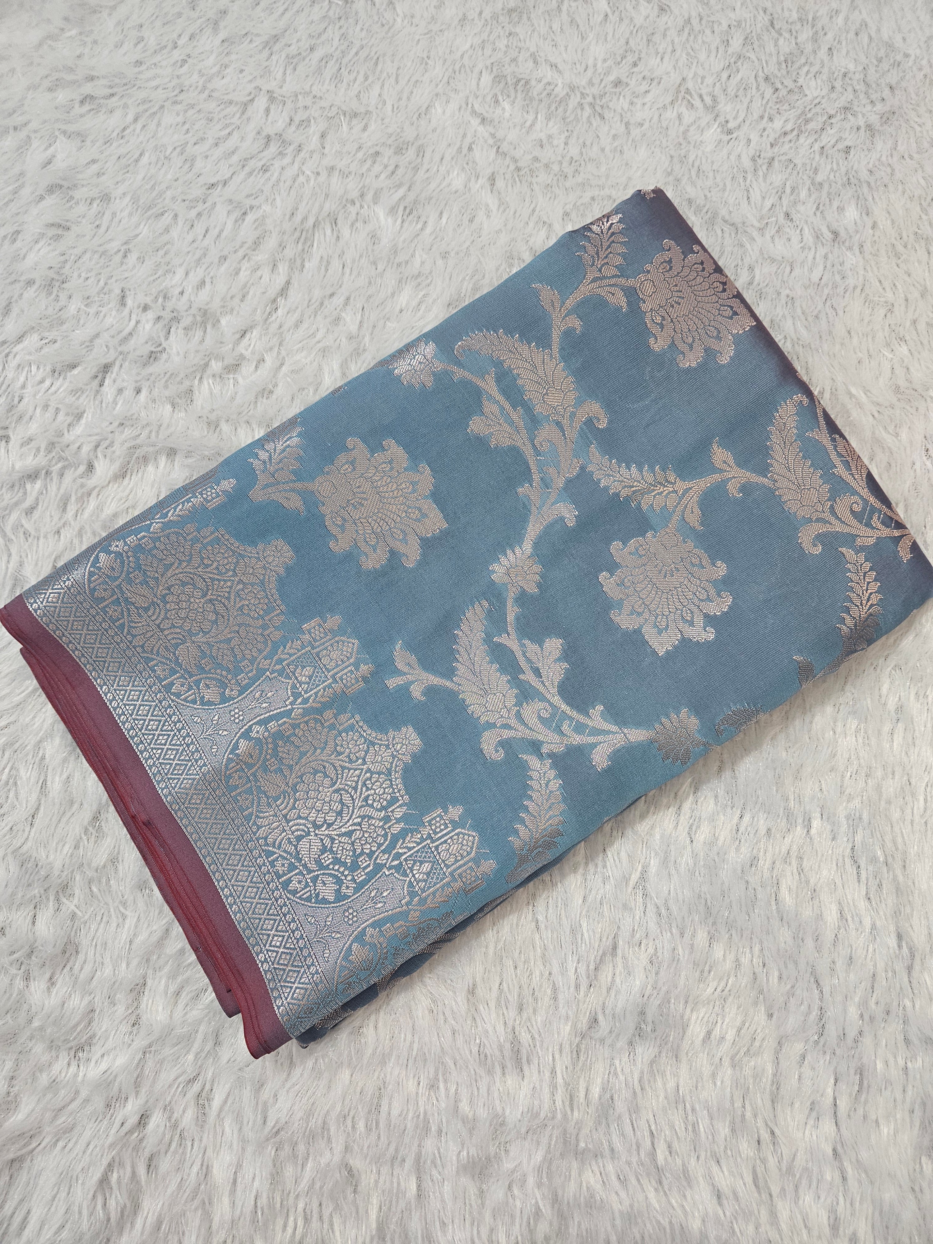 Banarasi Silk Blue Steel Grey Jaal Zari Border Saree